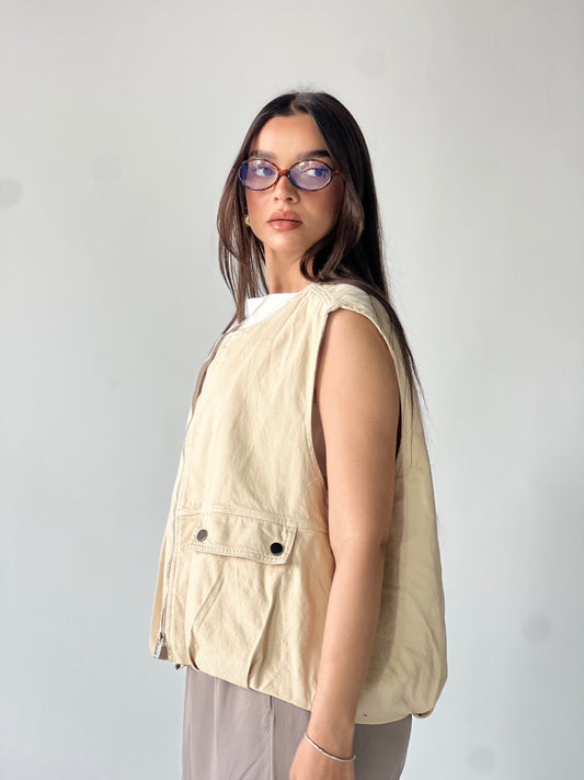 Oversized Cargo Zip Vest –Beige