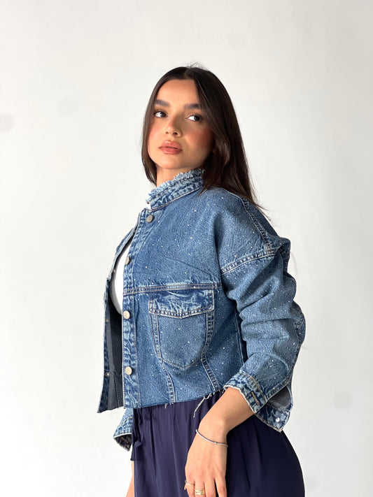 Denim Spark Cropped Jacket-Dark blue