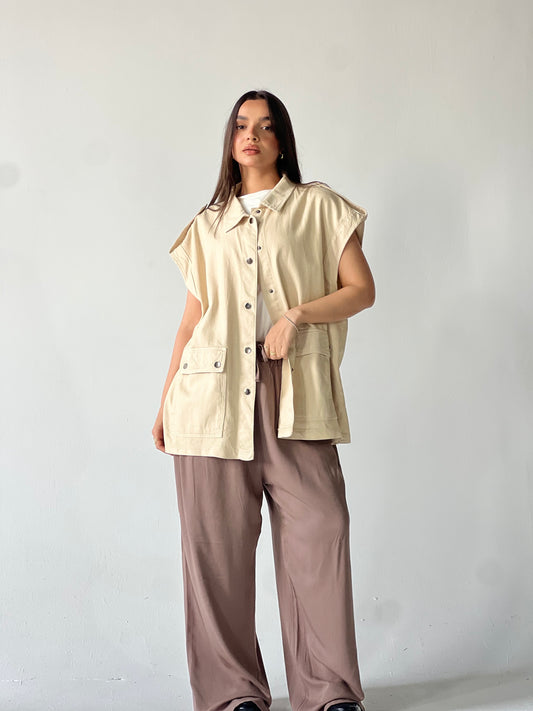 Oversized Long Cargo Vest –Biege