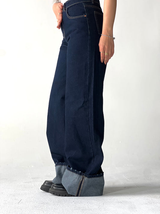 High Waist Straight Leg Cuffed Jeans-Dark Blue