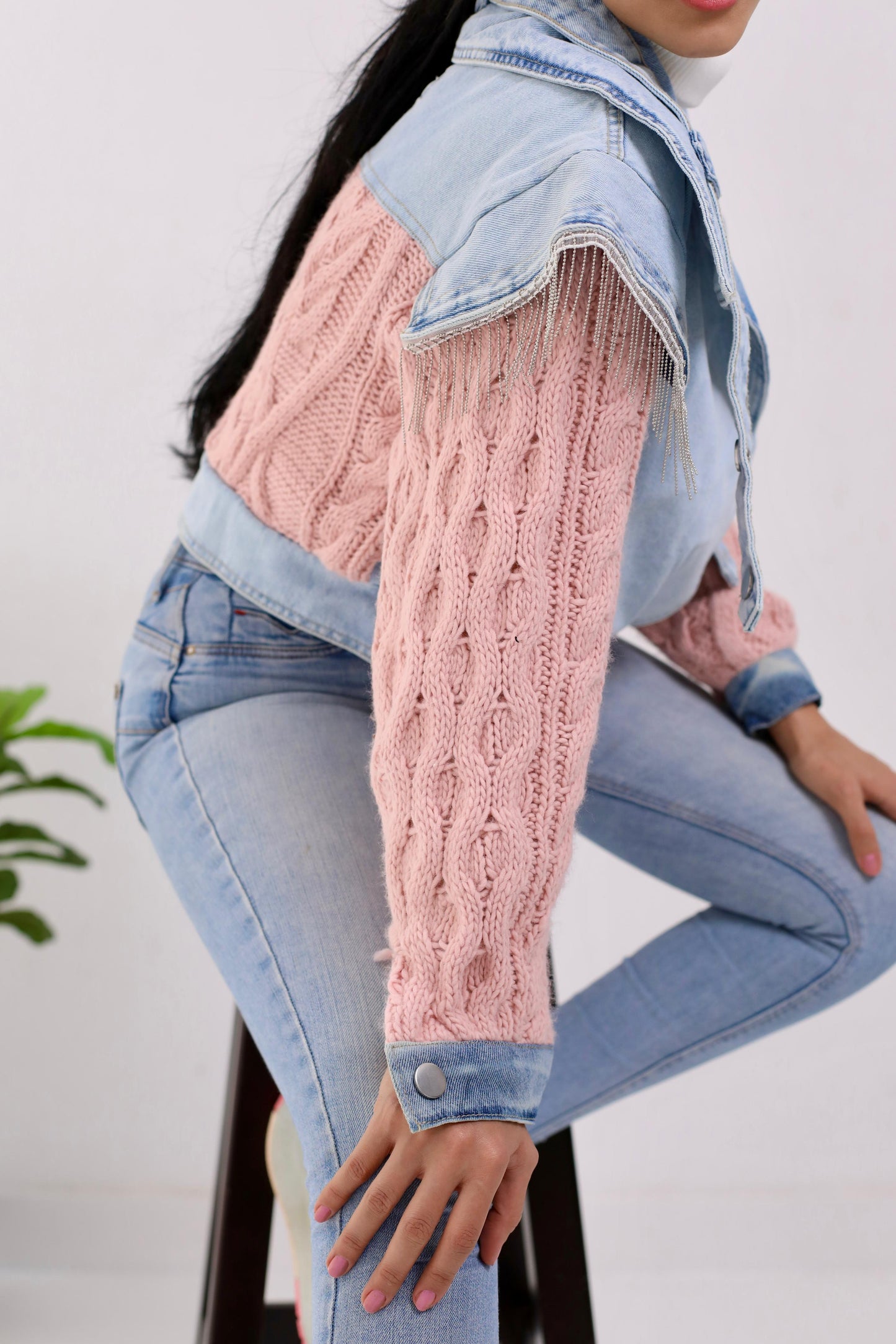 Jeans cropped jacket with Knitting sleeves and knitting back