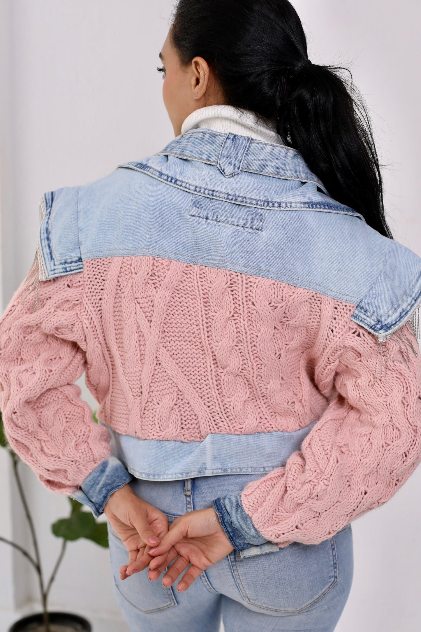 Jeans cropped jacket with Knitting sleeves and knitting back