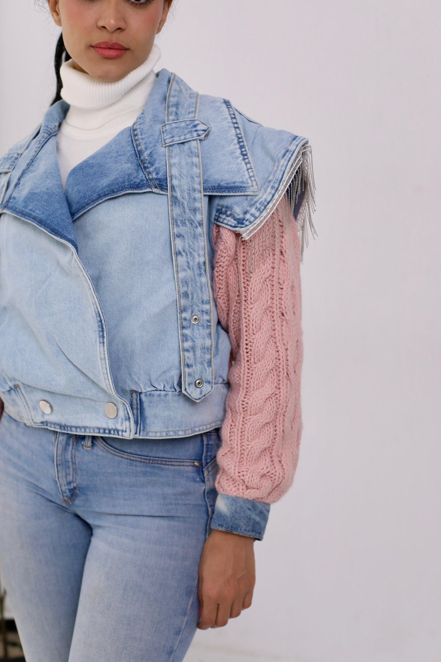 Jeans cropped jacket with Knitting sleeves and knitting back