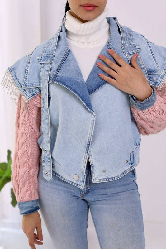 Jeans cropped jacket with Knitting sleeves and knitting back