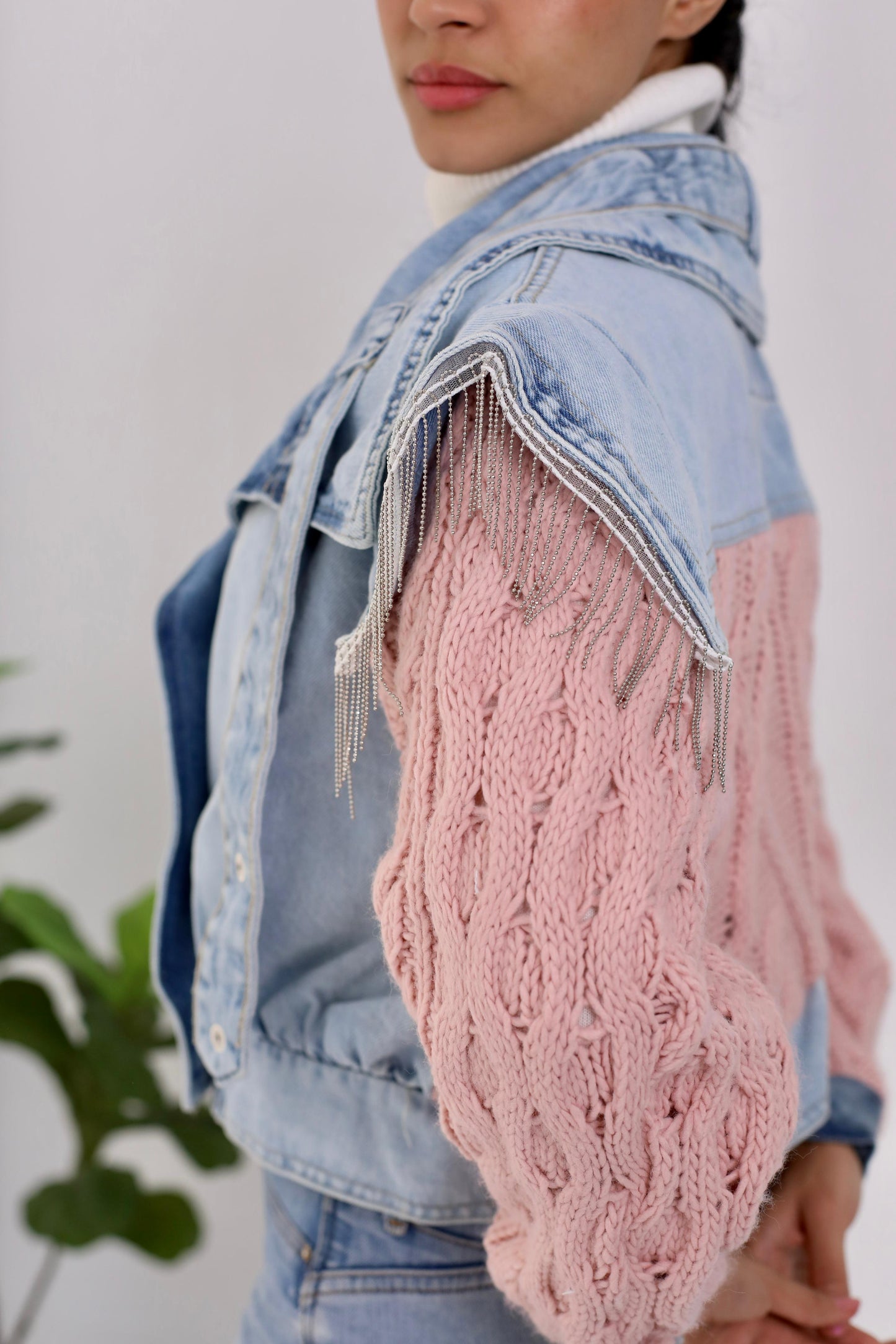 Jeans cropped jacket with Knitting sleeves and knitting back