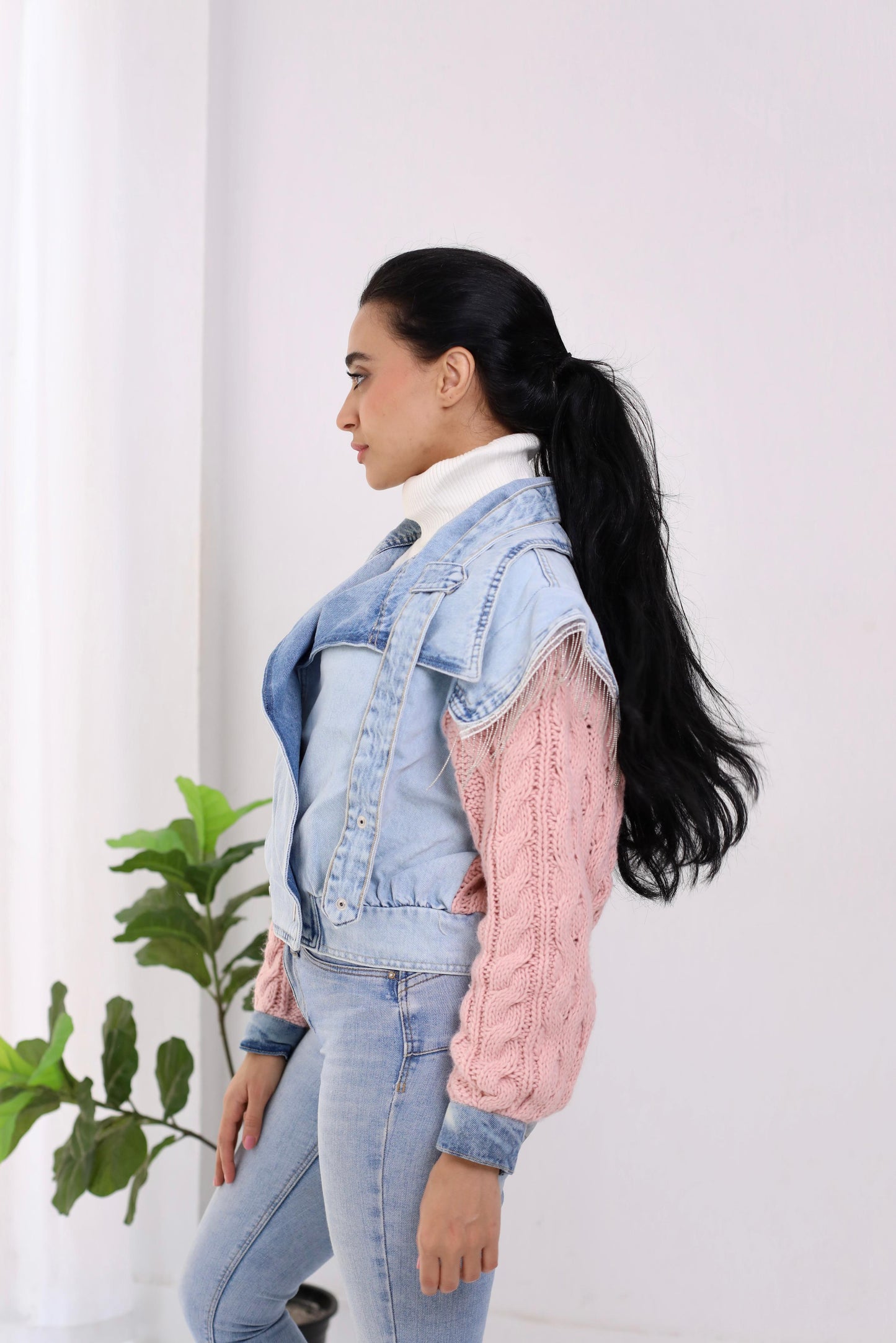 Jeans cropped jacket with Knitting sleeves and knitting back