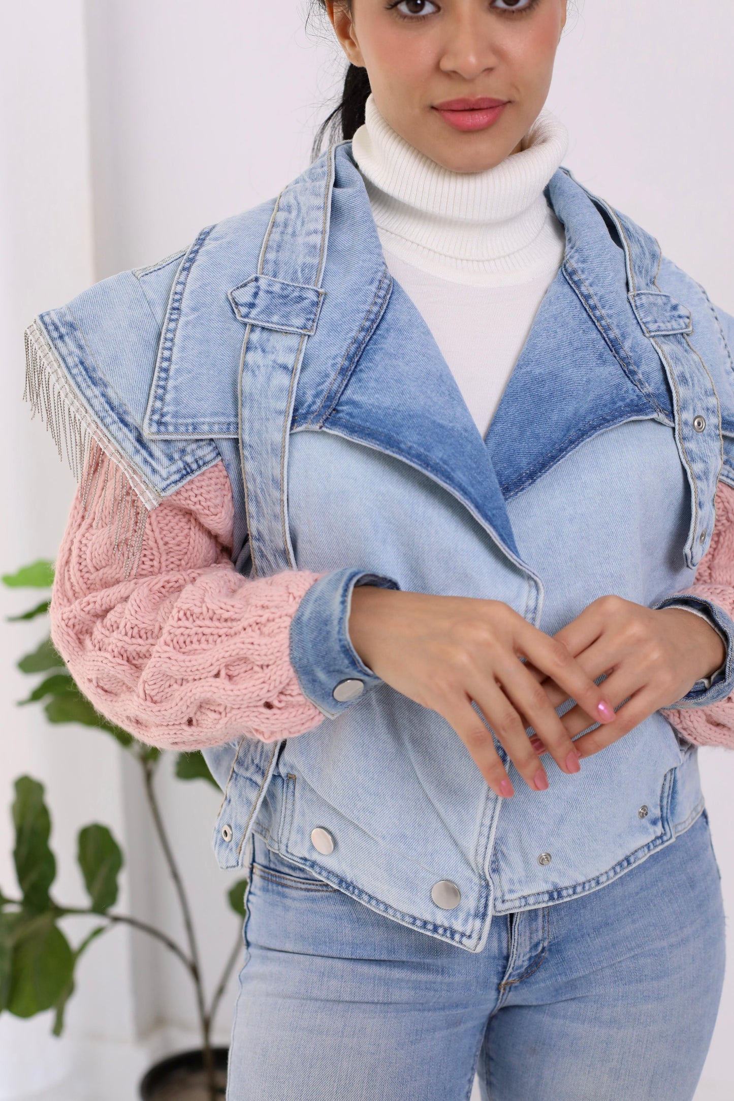 Jeans cropped jacket with Knitting sleeves and knitting back