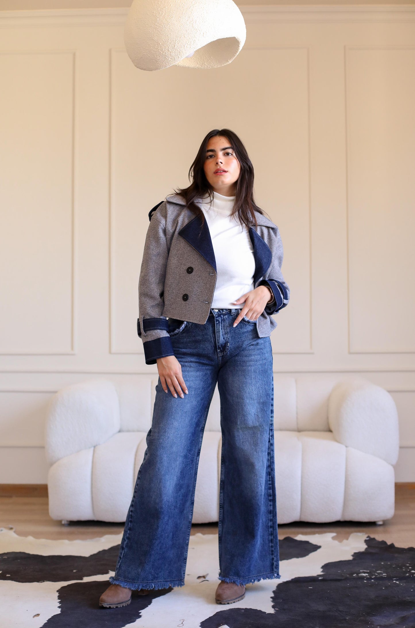 Velvet wool X Denim Cropped Coat -blue