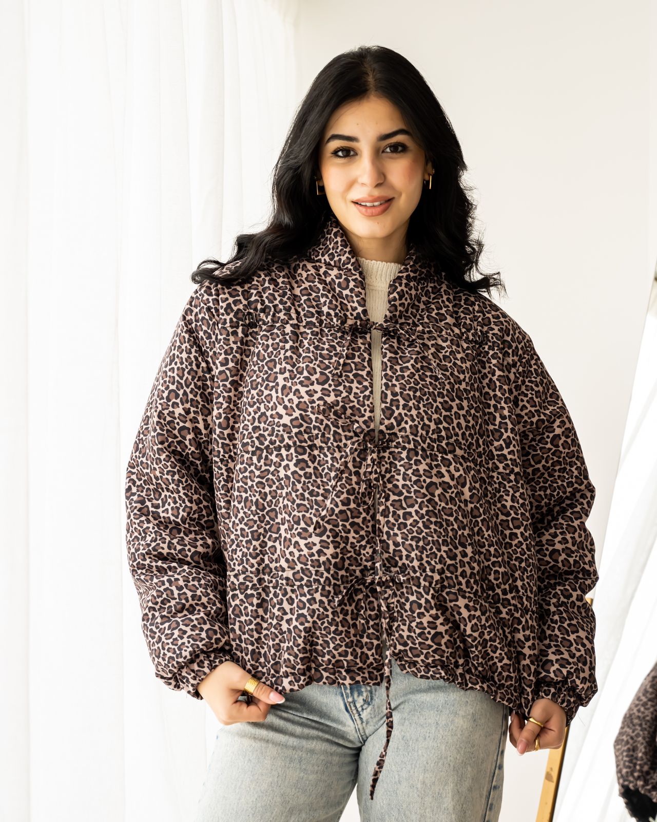 Leopard bow bomber jacket-padded inside