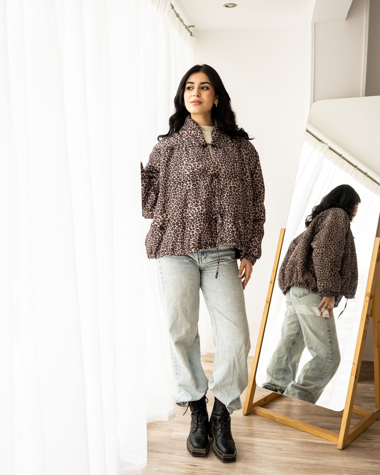 Leopard bow bomber jacket-padded inside