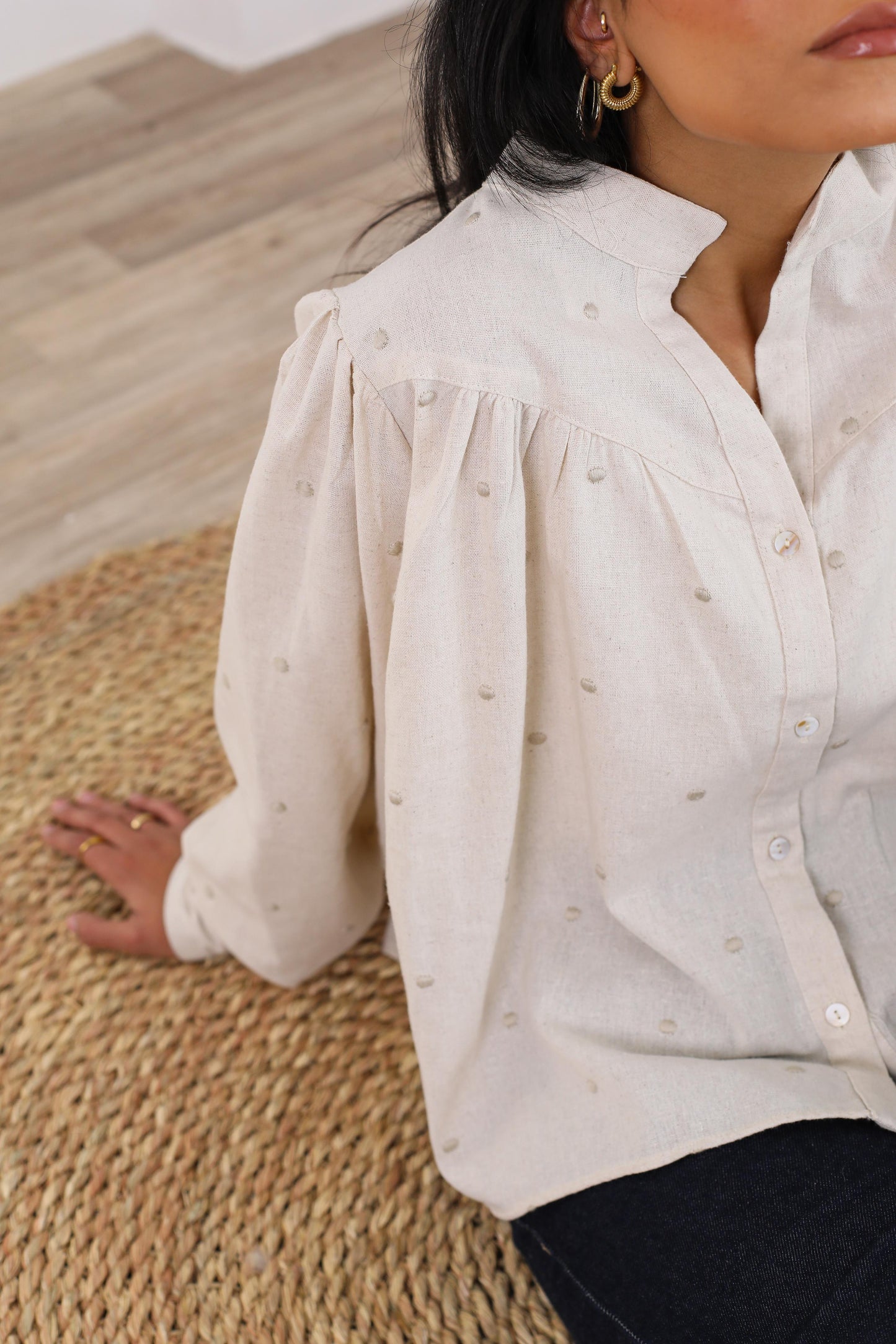 Elegant Button-Down Blouse with Subtle Dotted Detailing
