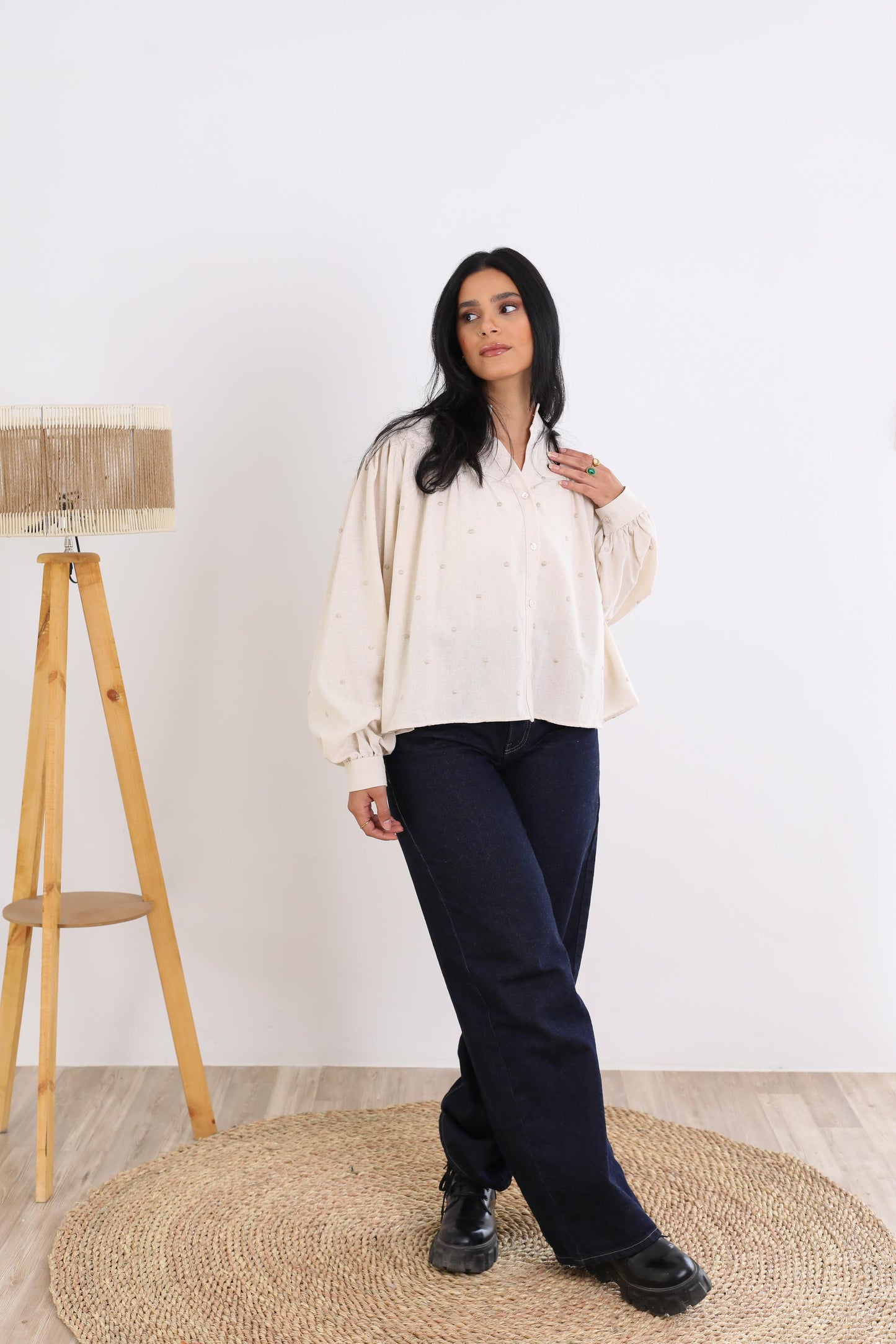 Elegant Button-Down Blouse with Subtle Dotted Detailing