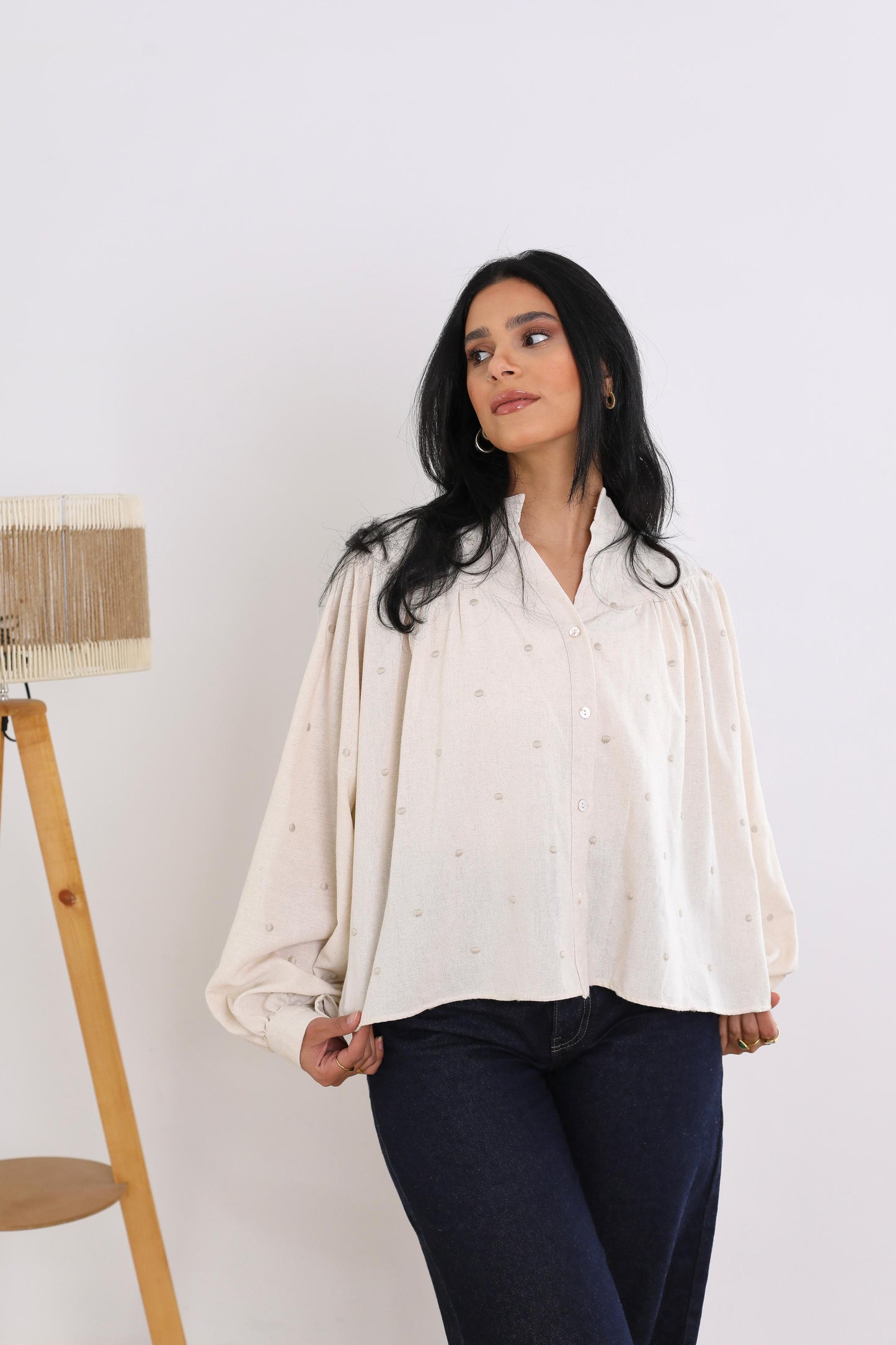 Elegant Button-Down Blouse with Subtle Dotted Detailing