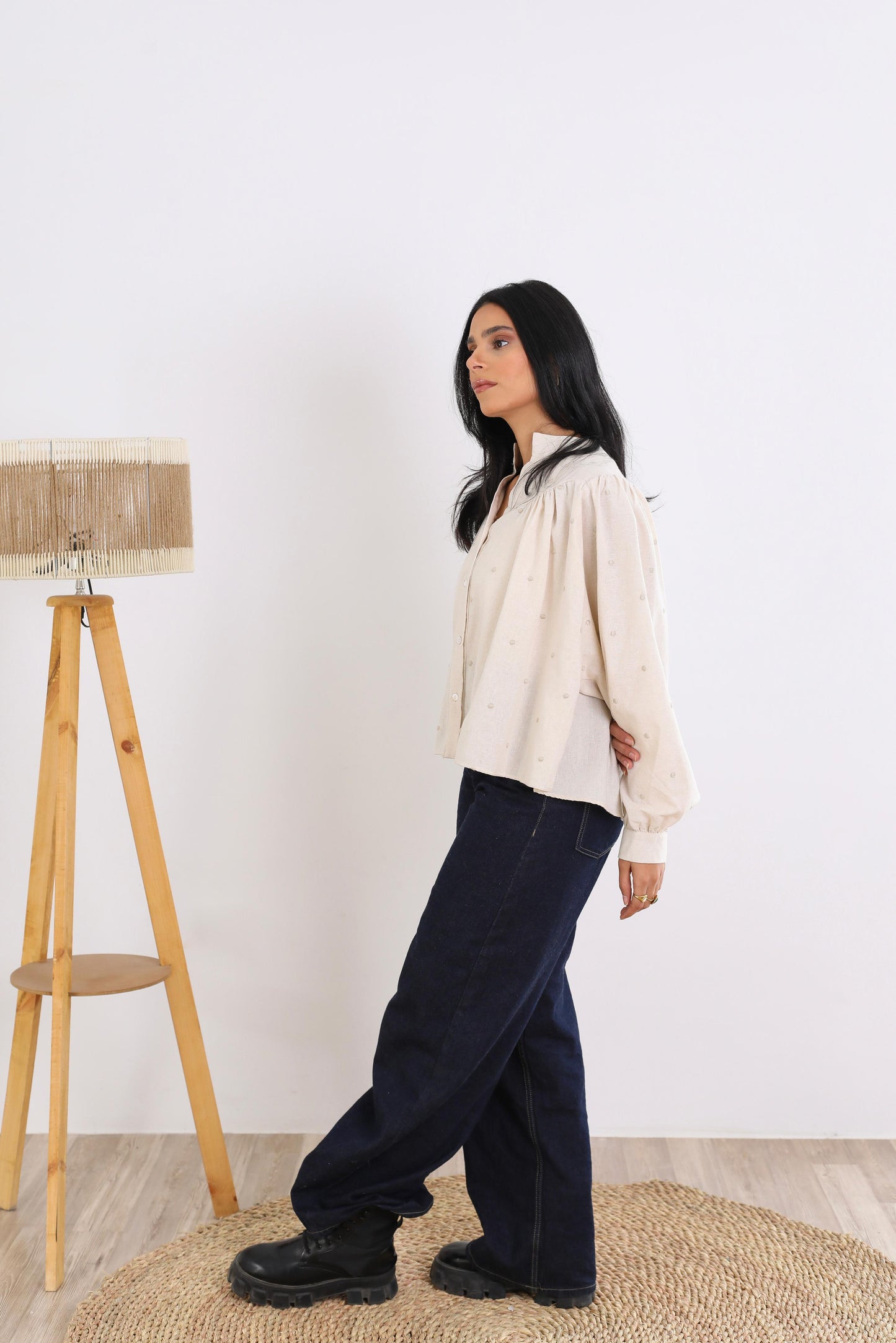 Elegant Button-Down Blouse with Subtle Dotted Detailing