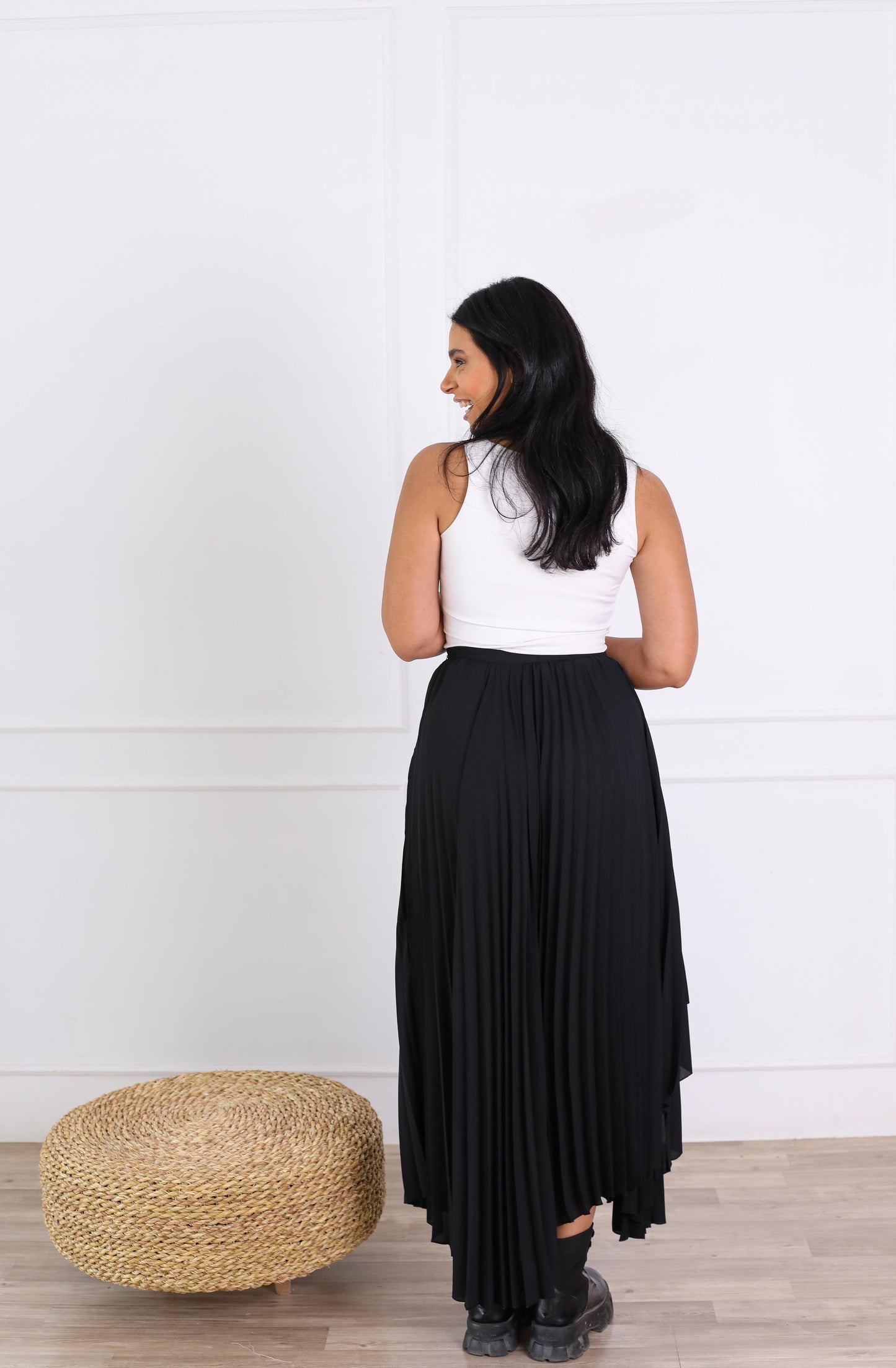 Classic Pleated Black Wrap Skirt with Belt-black