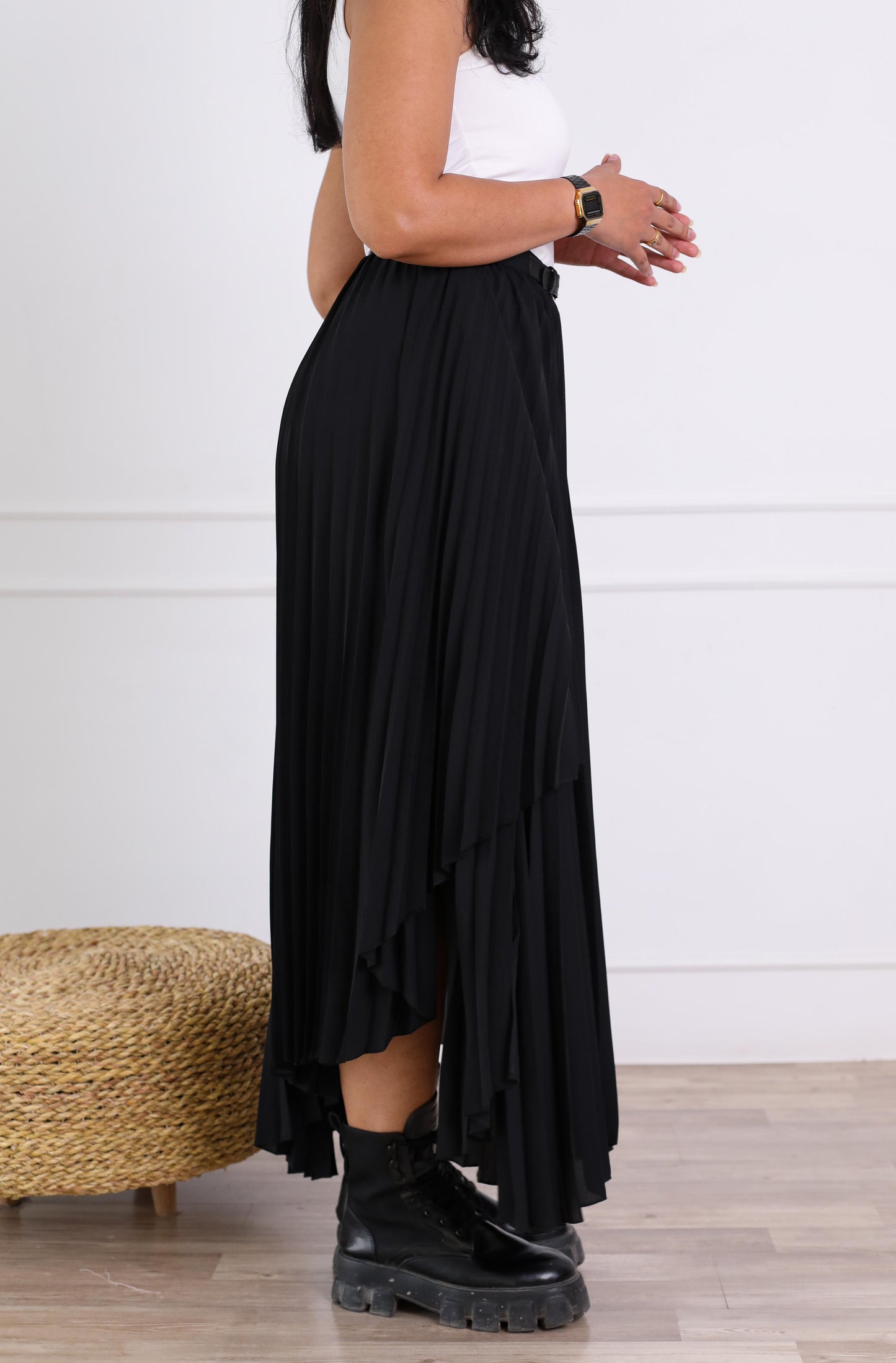 Classic Pleated Black Wrap Skirt with Belt-black