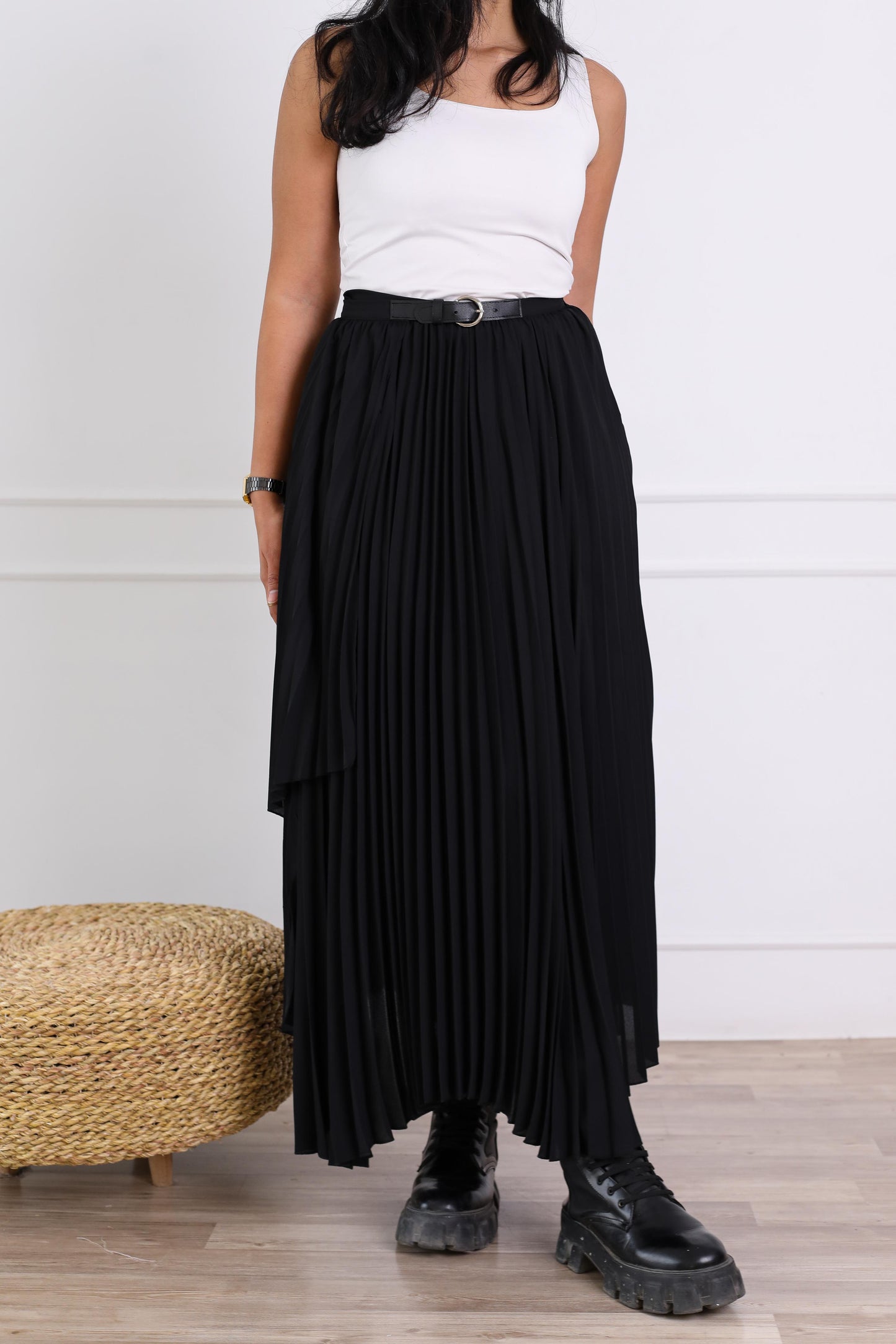 Classic Pleated Black Wrap Skirt with Belt-black