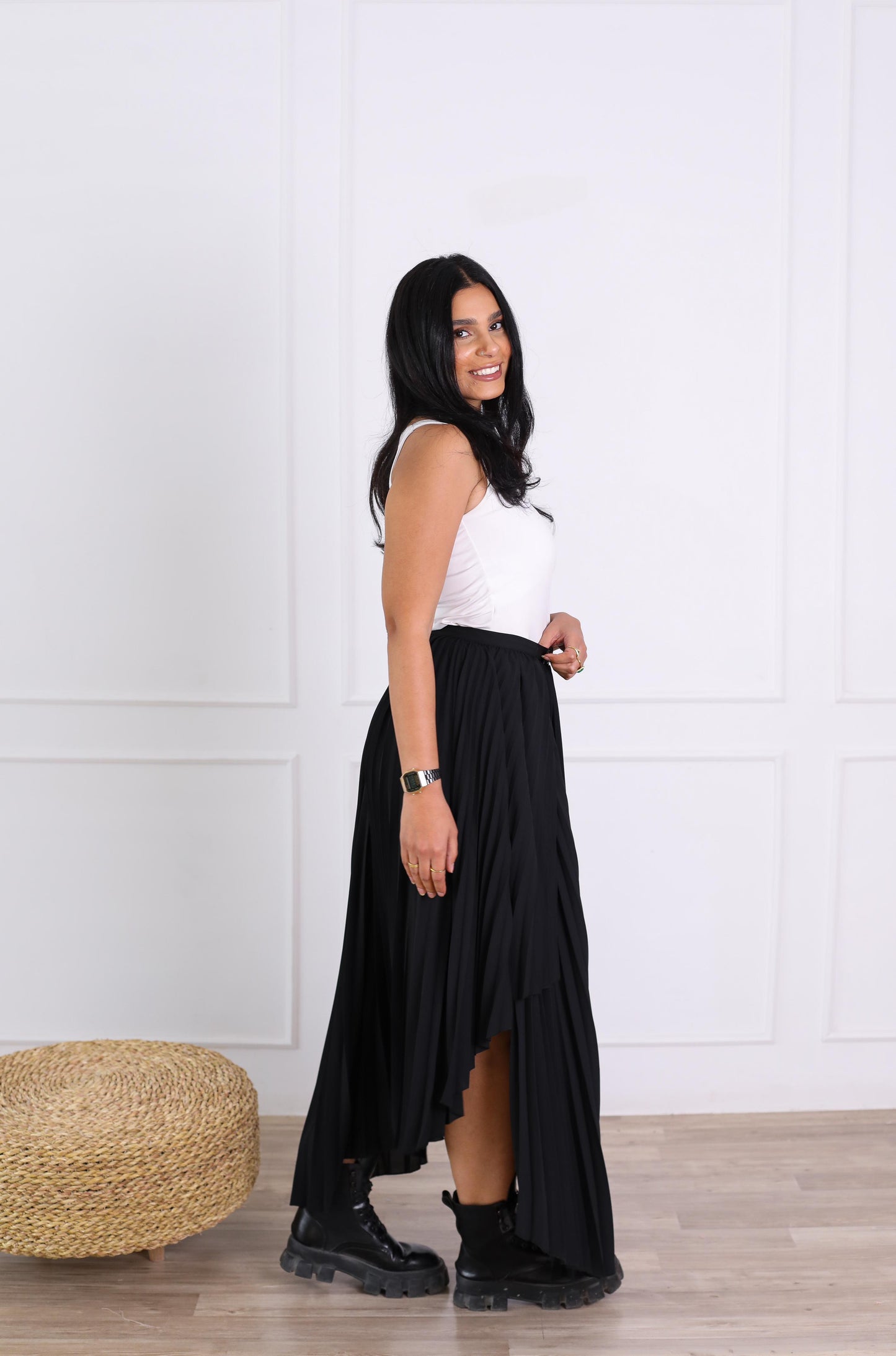 Classic Pleated Black Wrap Skirt with Belt-black