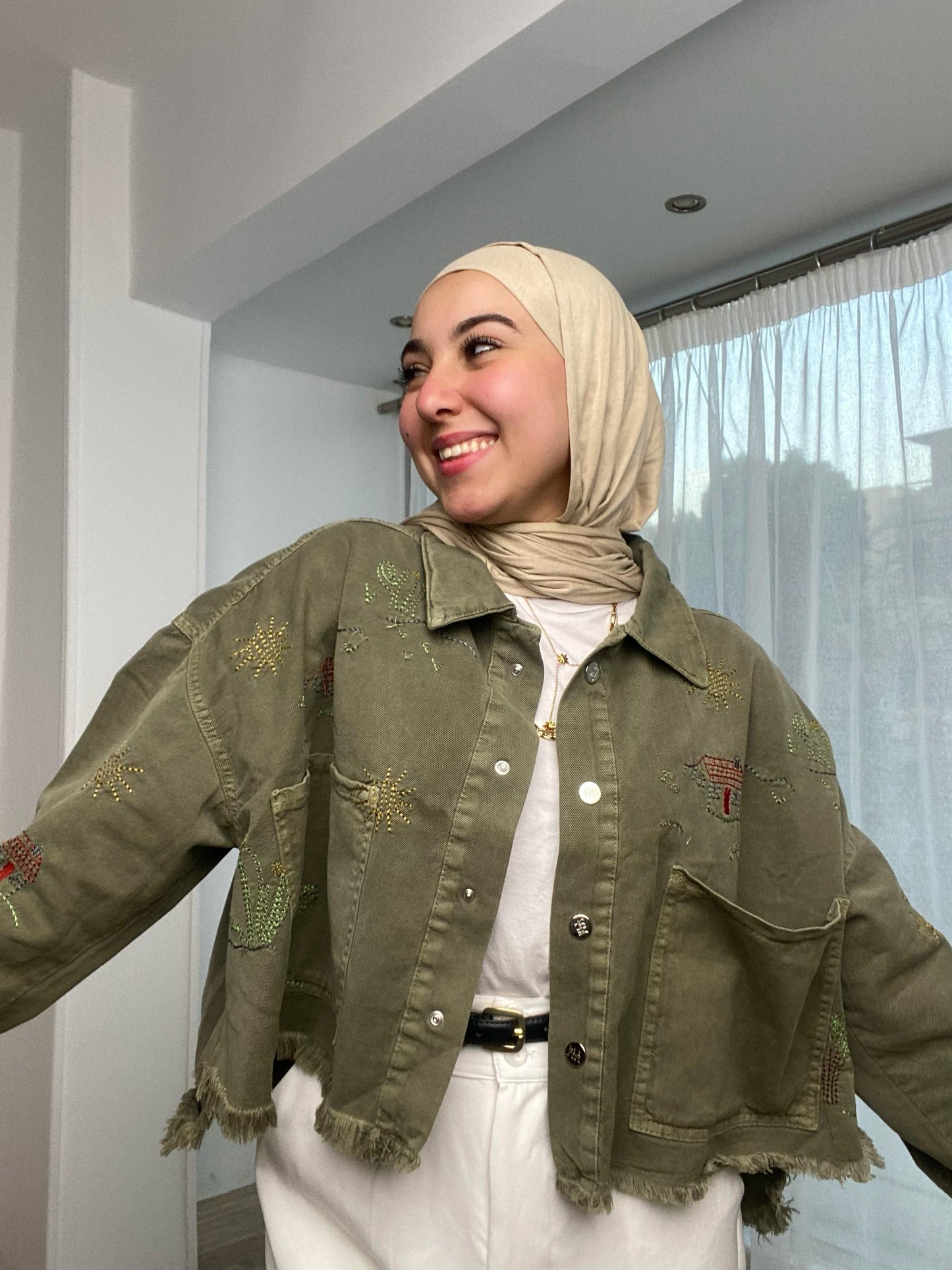 embroidery- denim jacket -olive