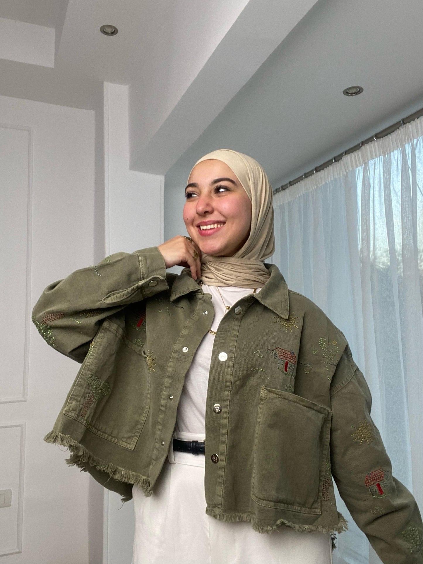 embroidery- denim jacket -olive