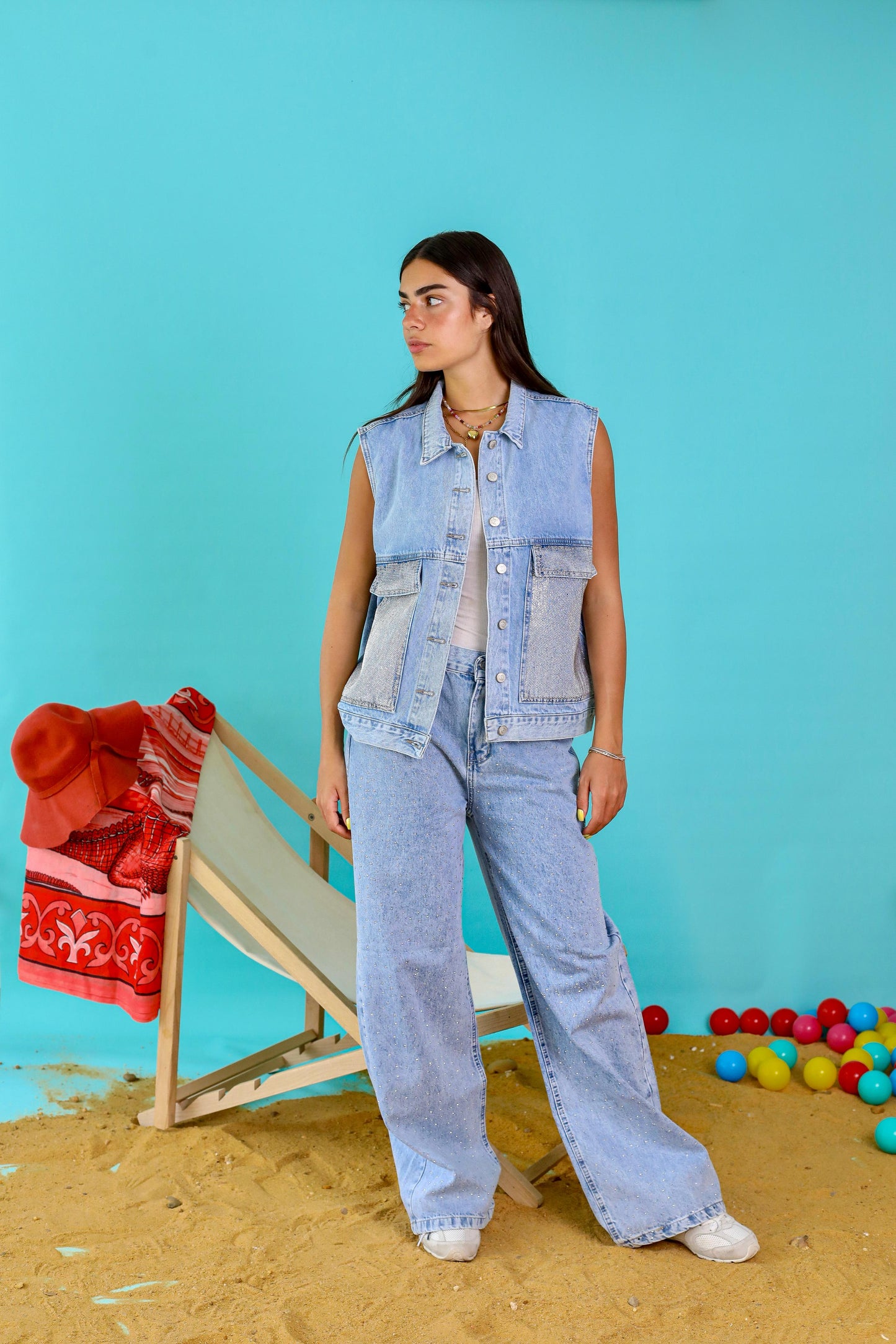 Denim Vest with Shimmer Pocket Detail
