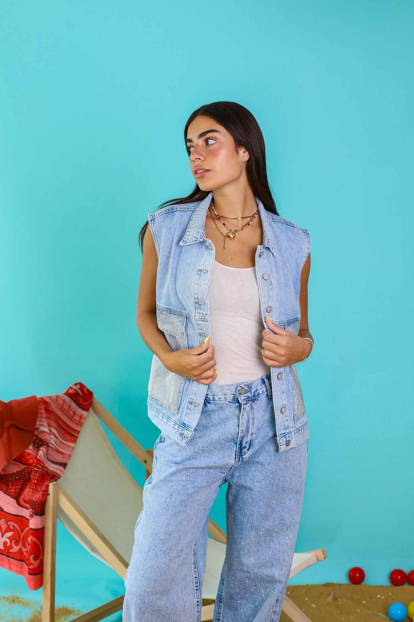 Denim Vest with Shimmer Pocket Detail