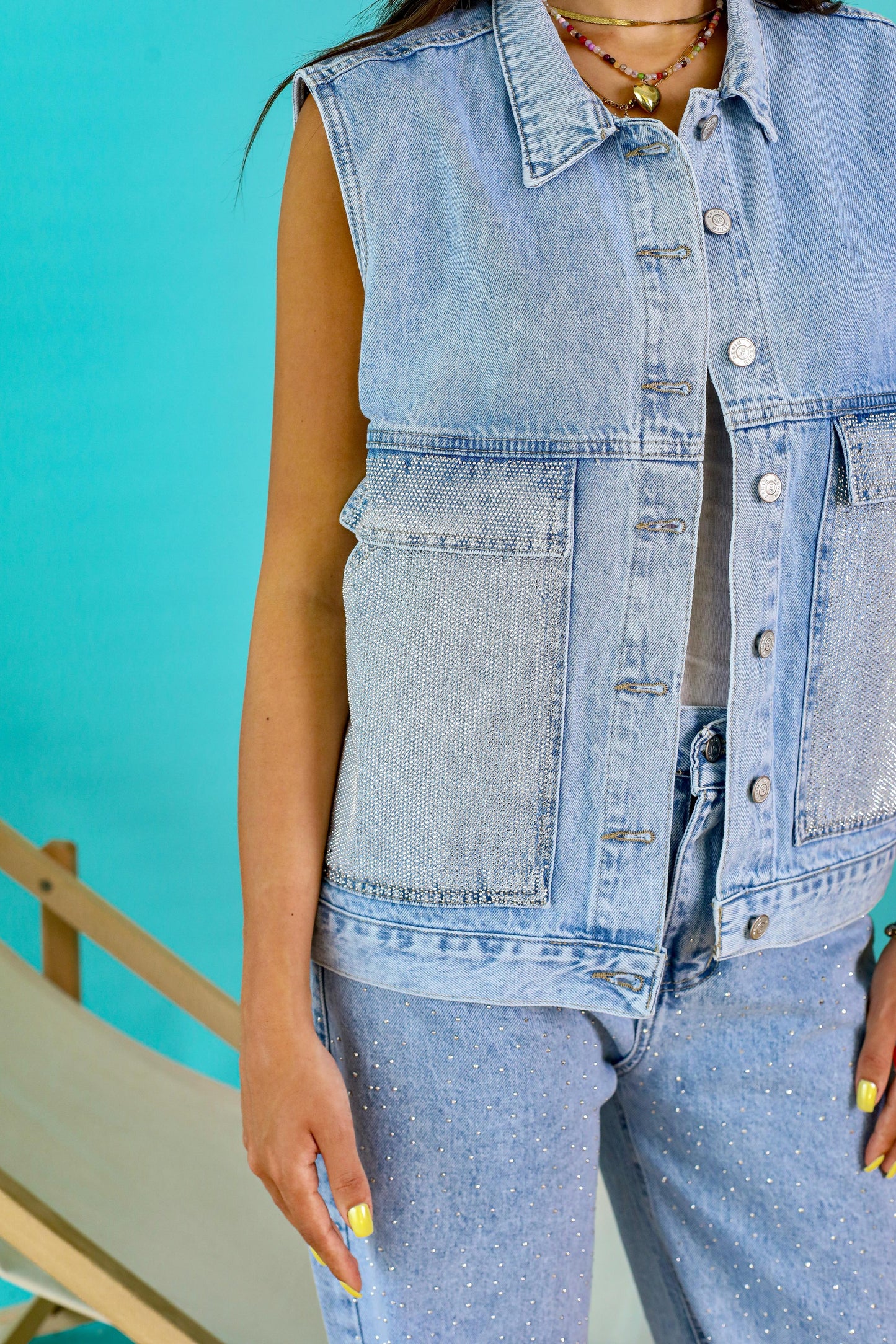 Denim Vest with Shimmer Pocket Detail