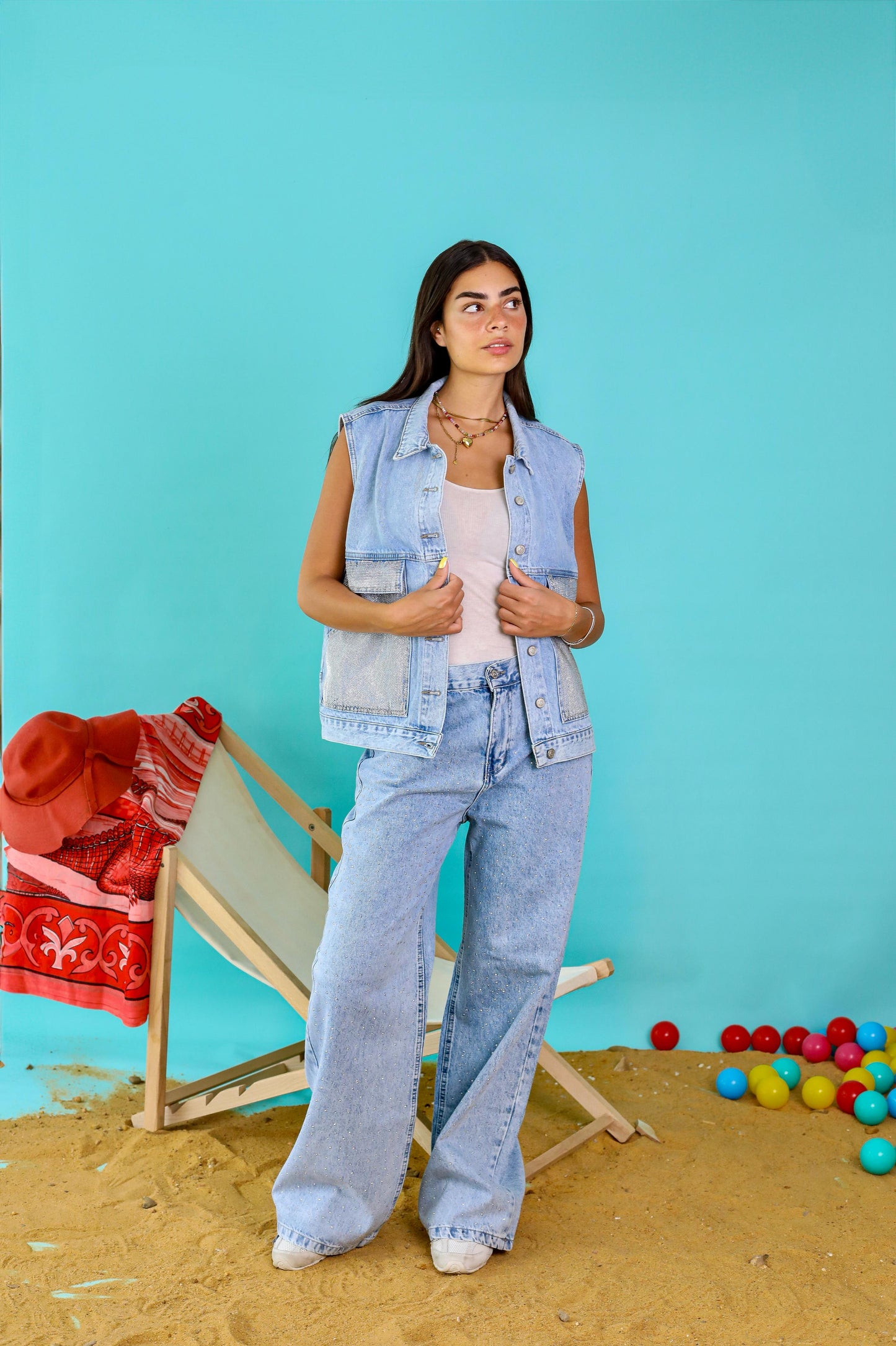 Denim Vest with Shimmer Pocket Detail