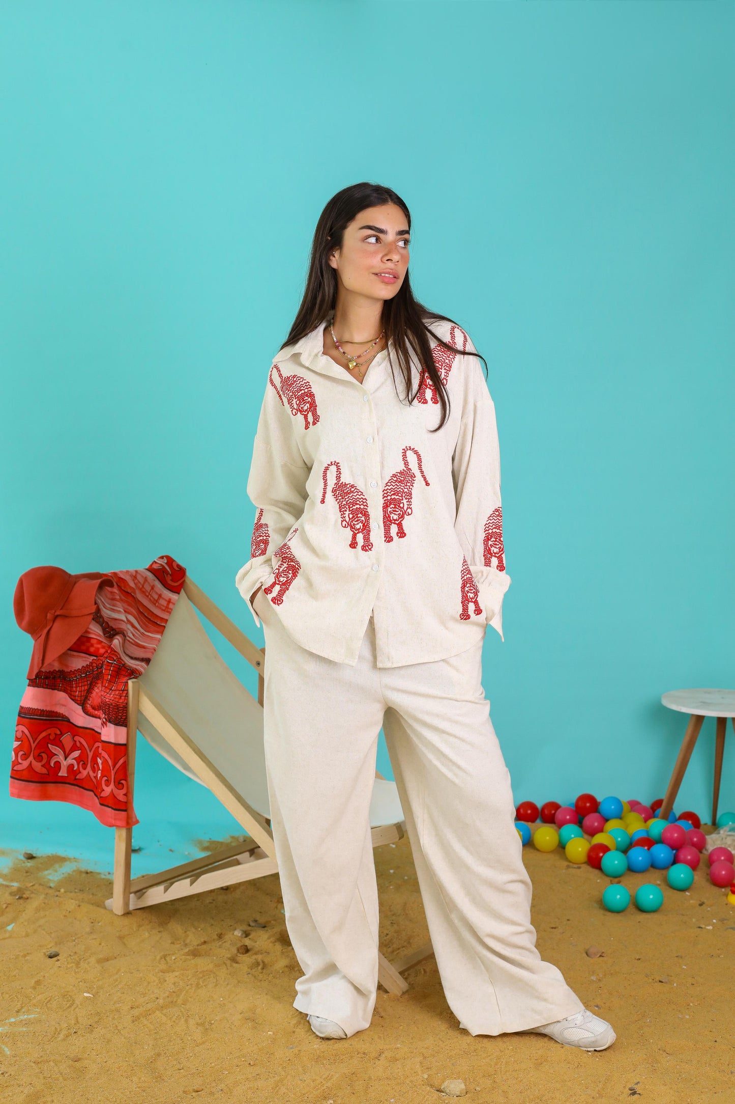 Tiger Embroidered Pure Linen Set
