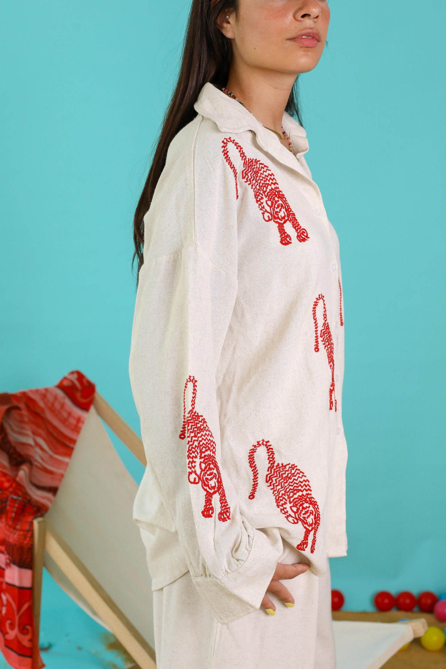 Tiger Embroidered Pure Linen Set