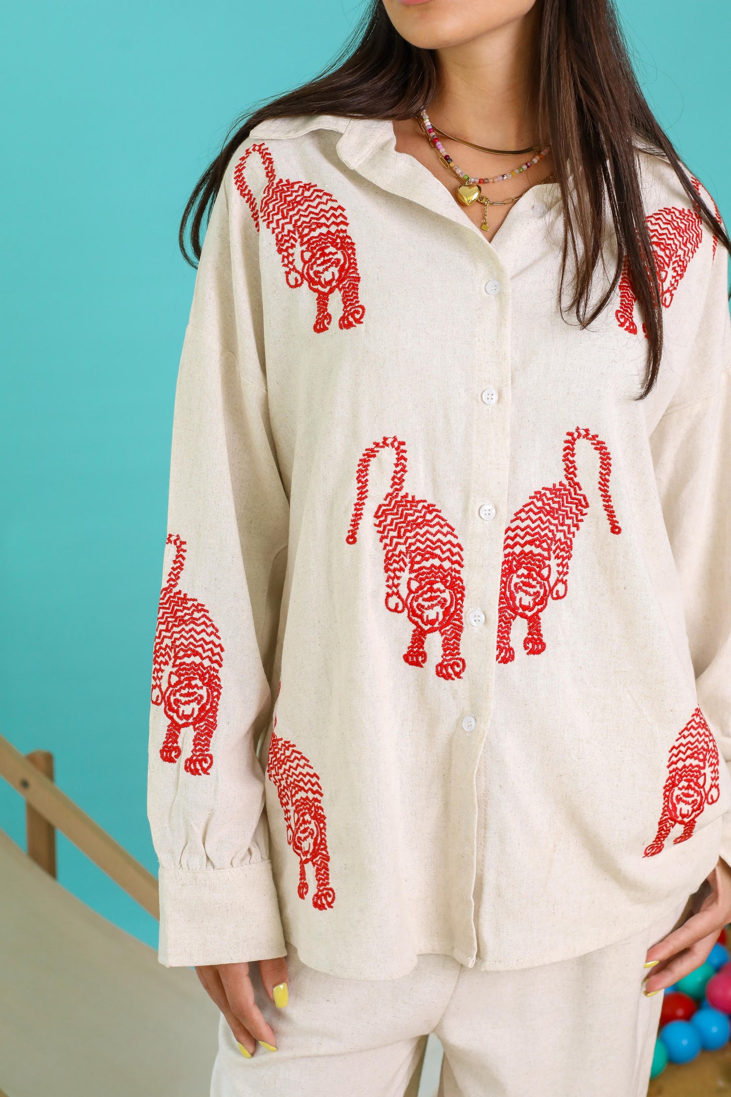 Tiger Embroidered Pure Linen Set