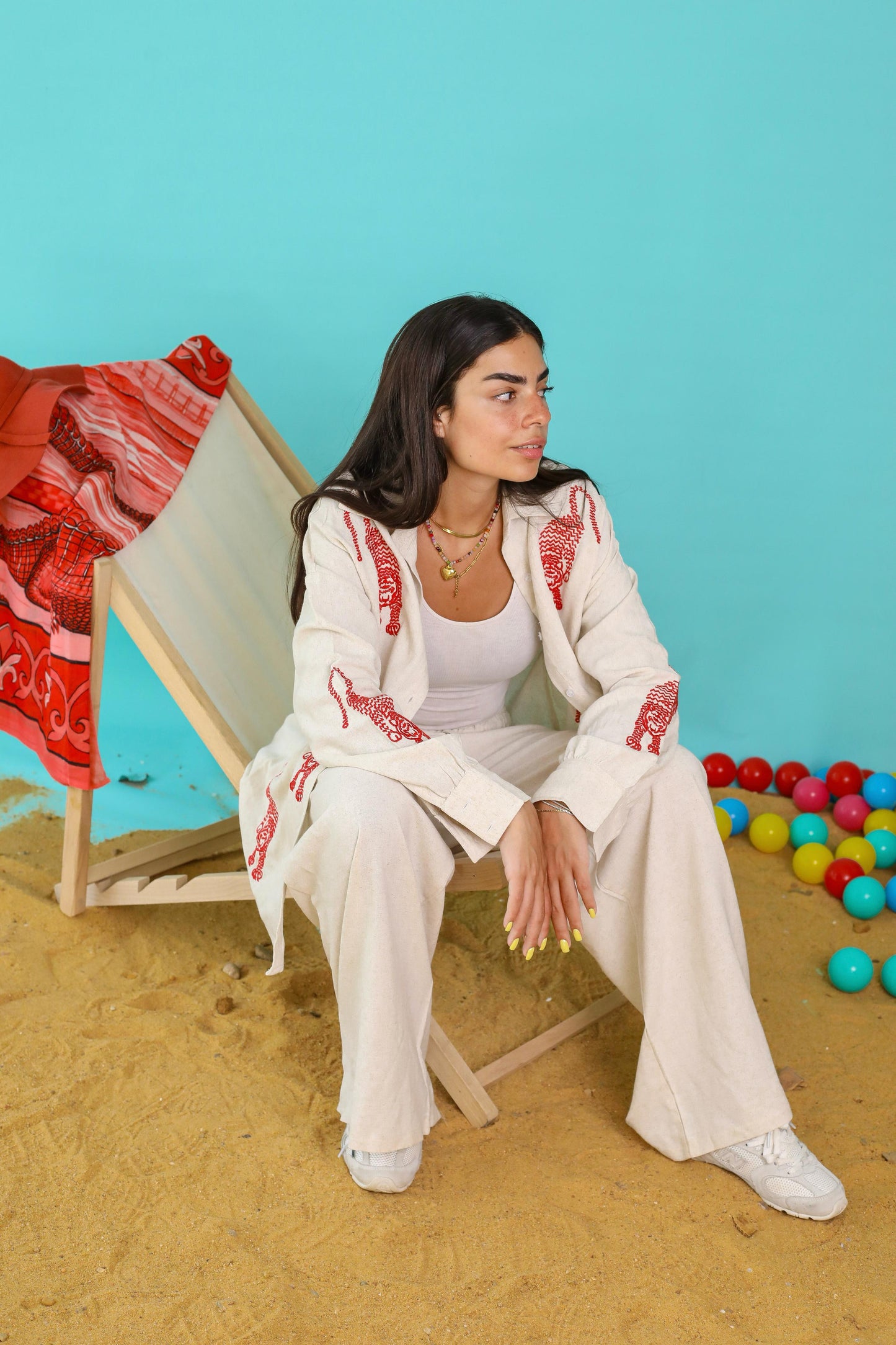 Tiger Embroidered Pure Linen Set