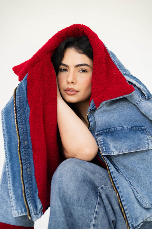 Oversized denim fur jacket- Blue Fur Maroon