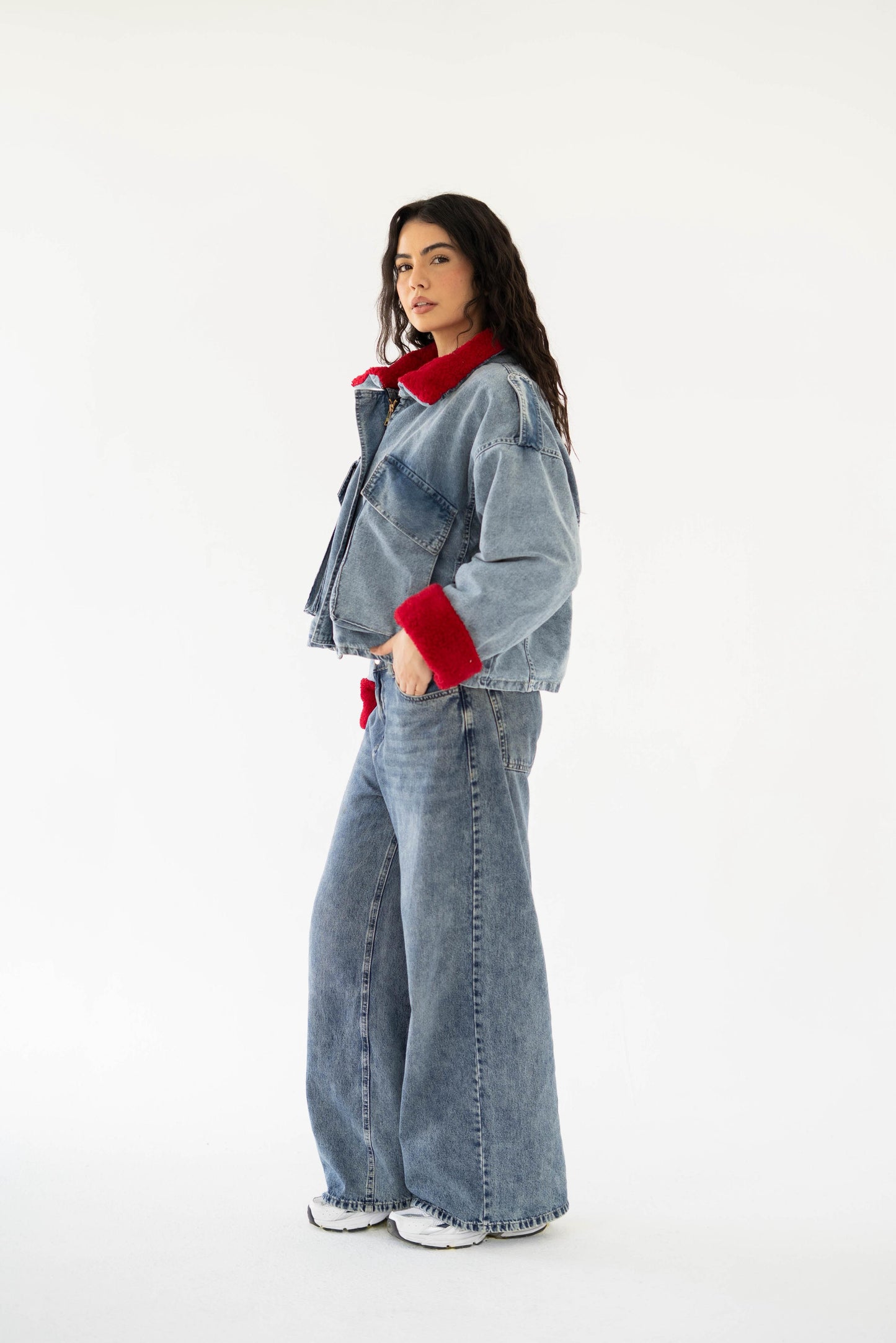 Oversized denim fur jacket- Blue Fur Maroon