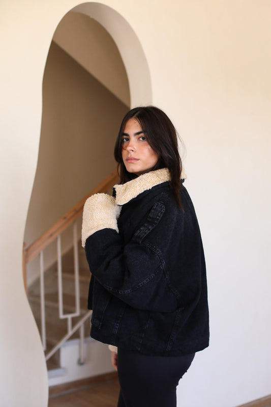 Oversized denim fur jacket - black Fur Biege