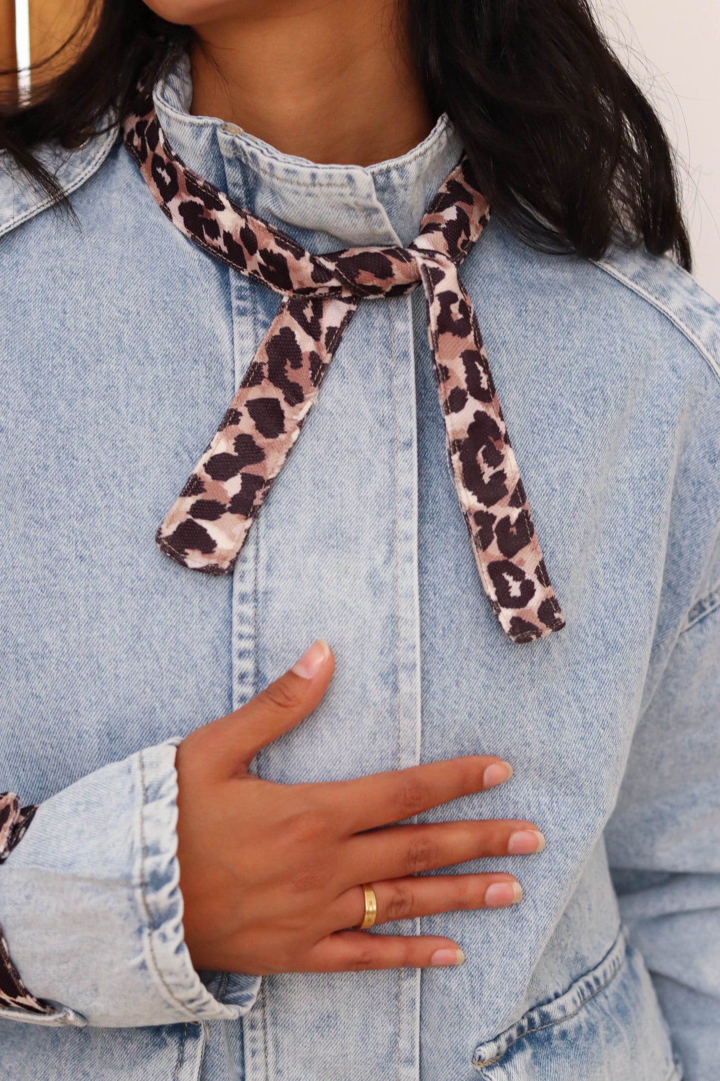 Leopard Accent Denim Jacket-