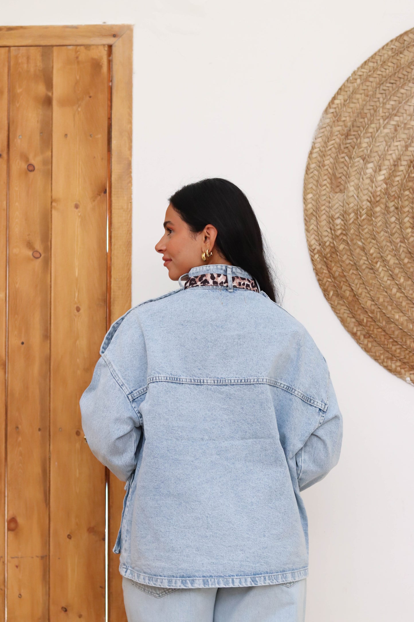 Leopard Accent Denim Jacket-