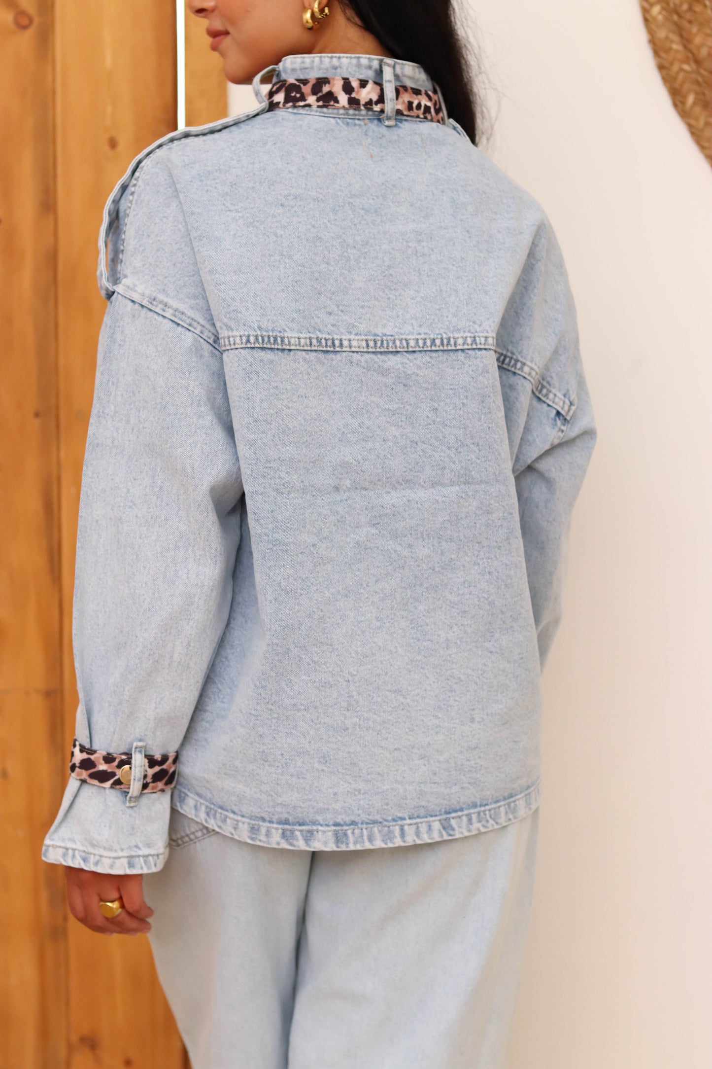 Leopard Accent Denim Jacket-