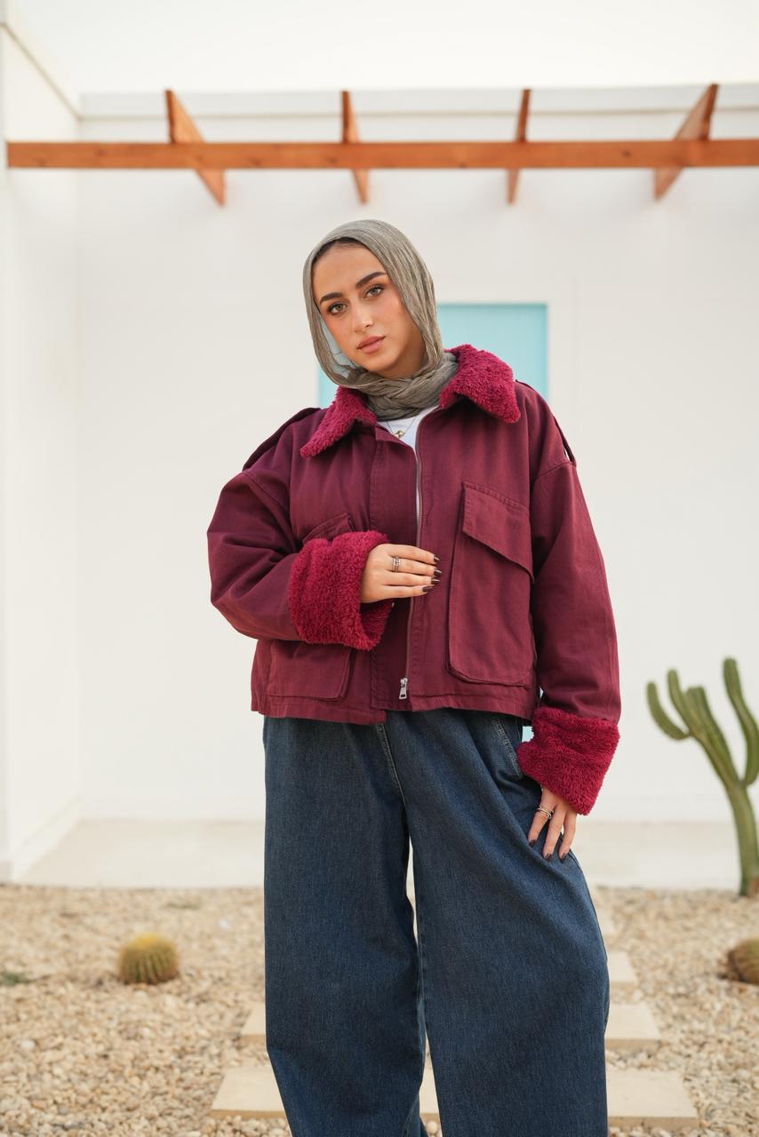 Oversized denim fur jacket - maroon fur maroon