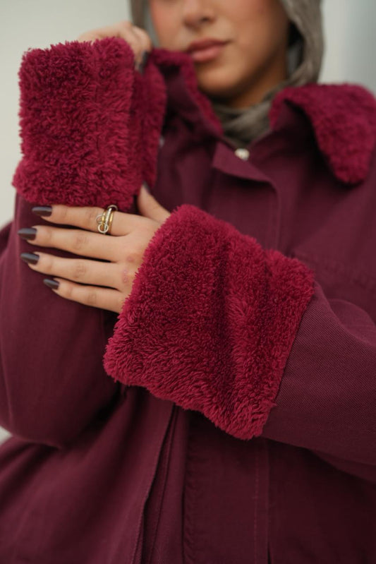Oversized denim fur jacket - maroon fur maroon