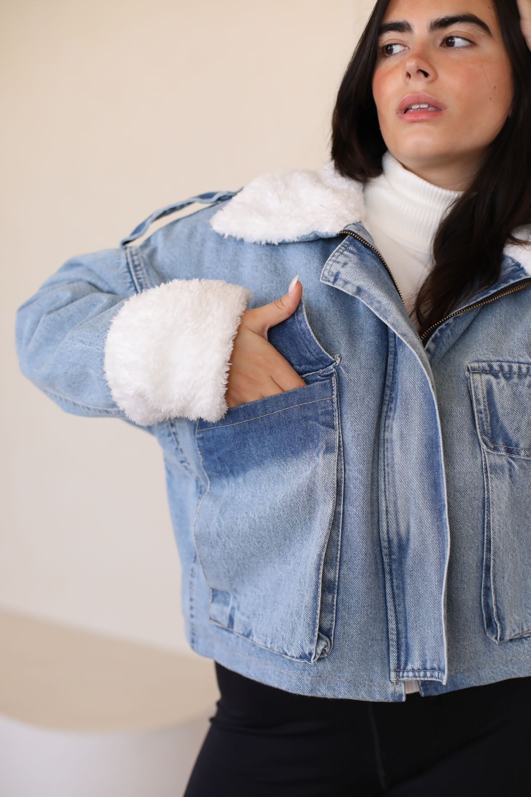 Oversized denim fur jacket - blue