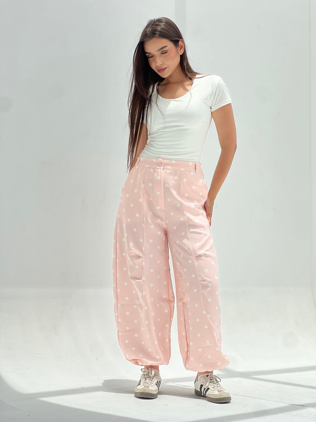 Polka Balloon Pants-White X Pink