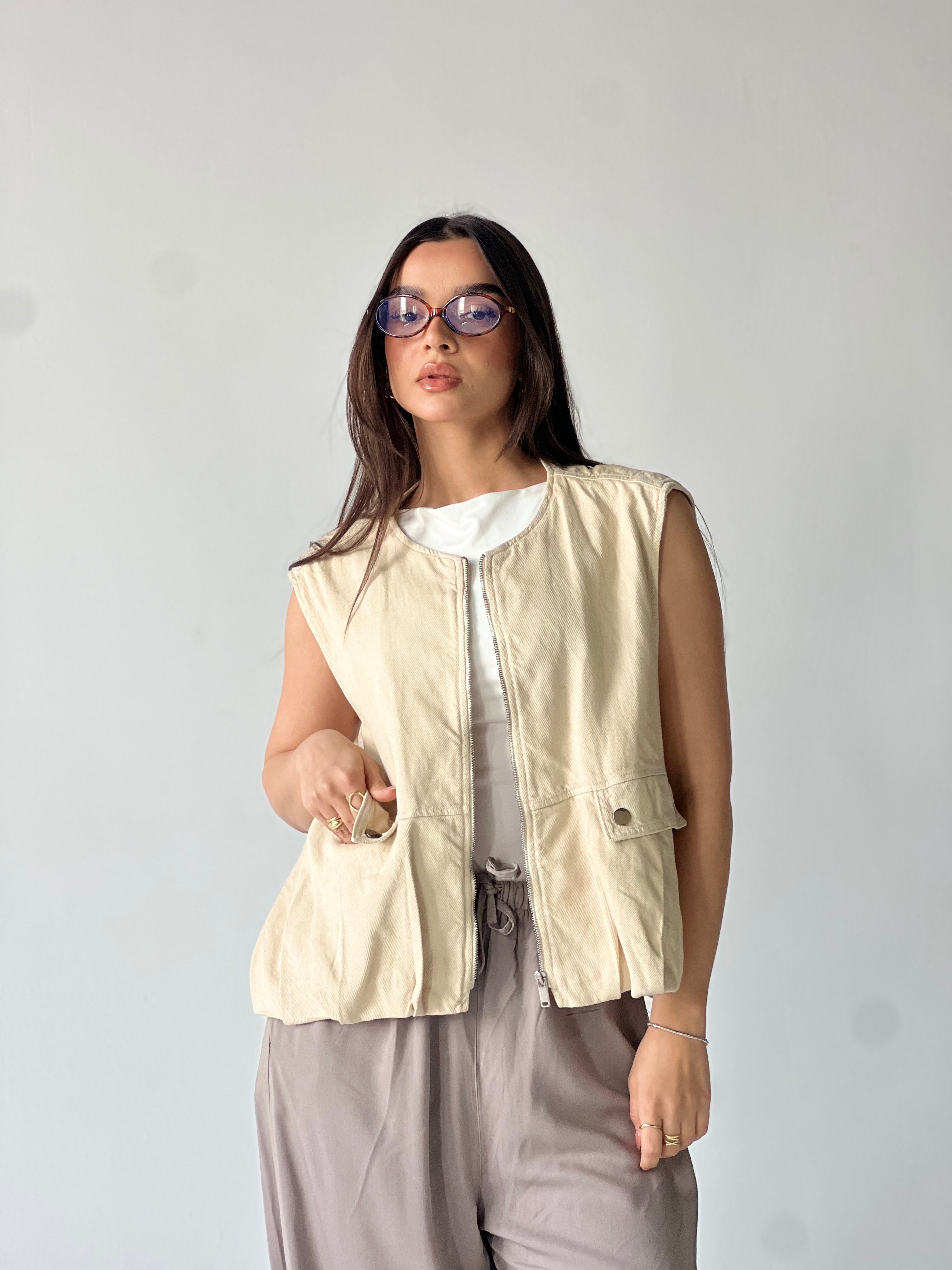 Oversized Cargo Zip Vest –Beige