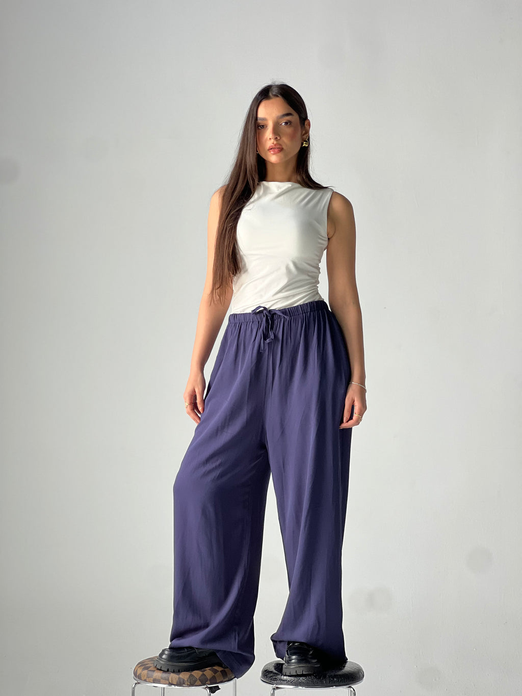 Summer Linen Elastic Waist Pants –Blue