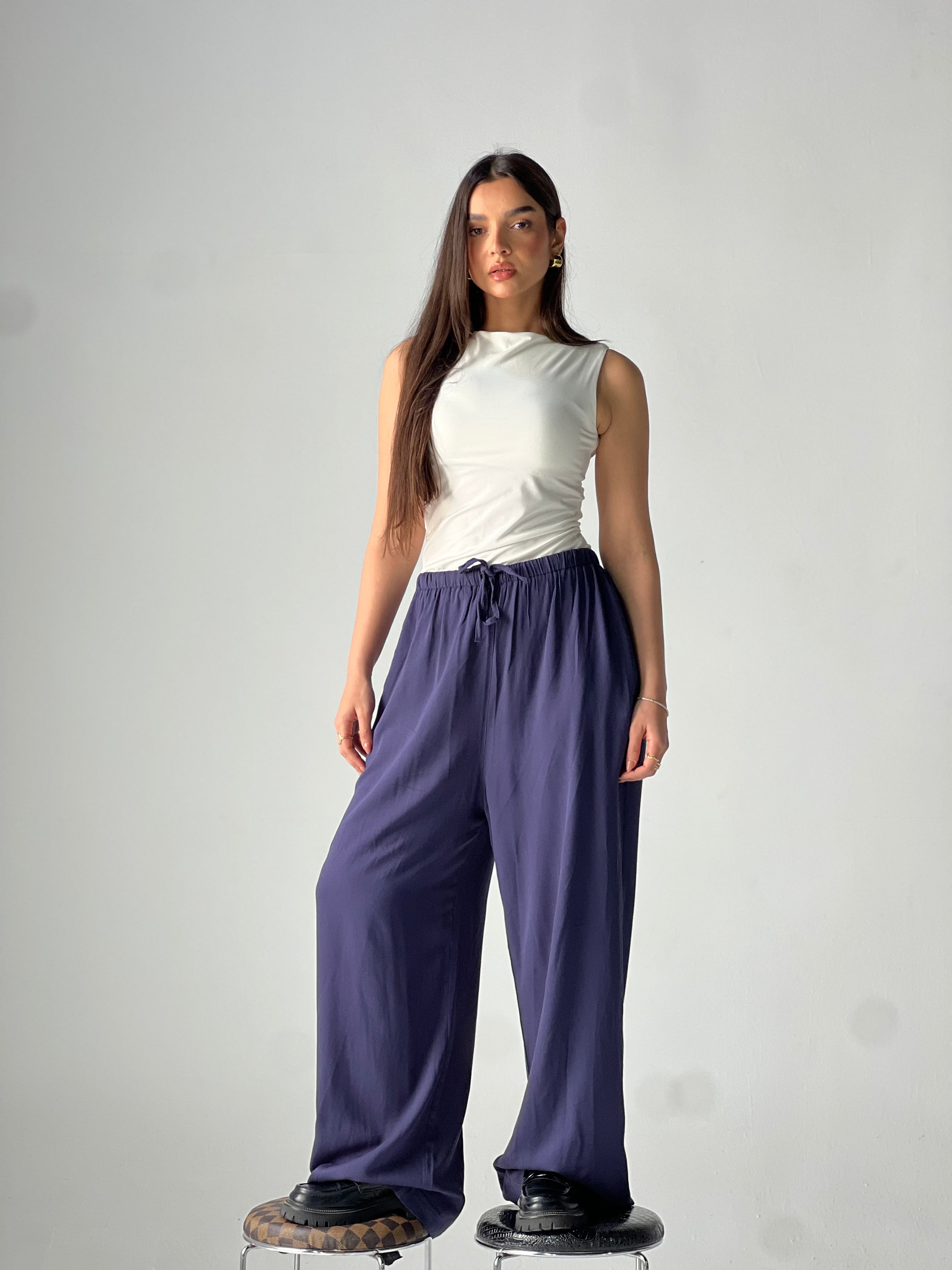 Summer Linen Elastic Waist Pants –Blue
