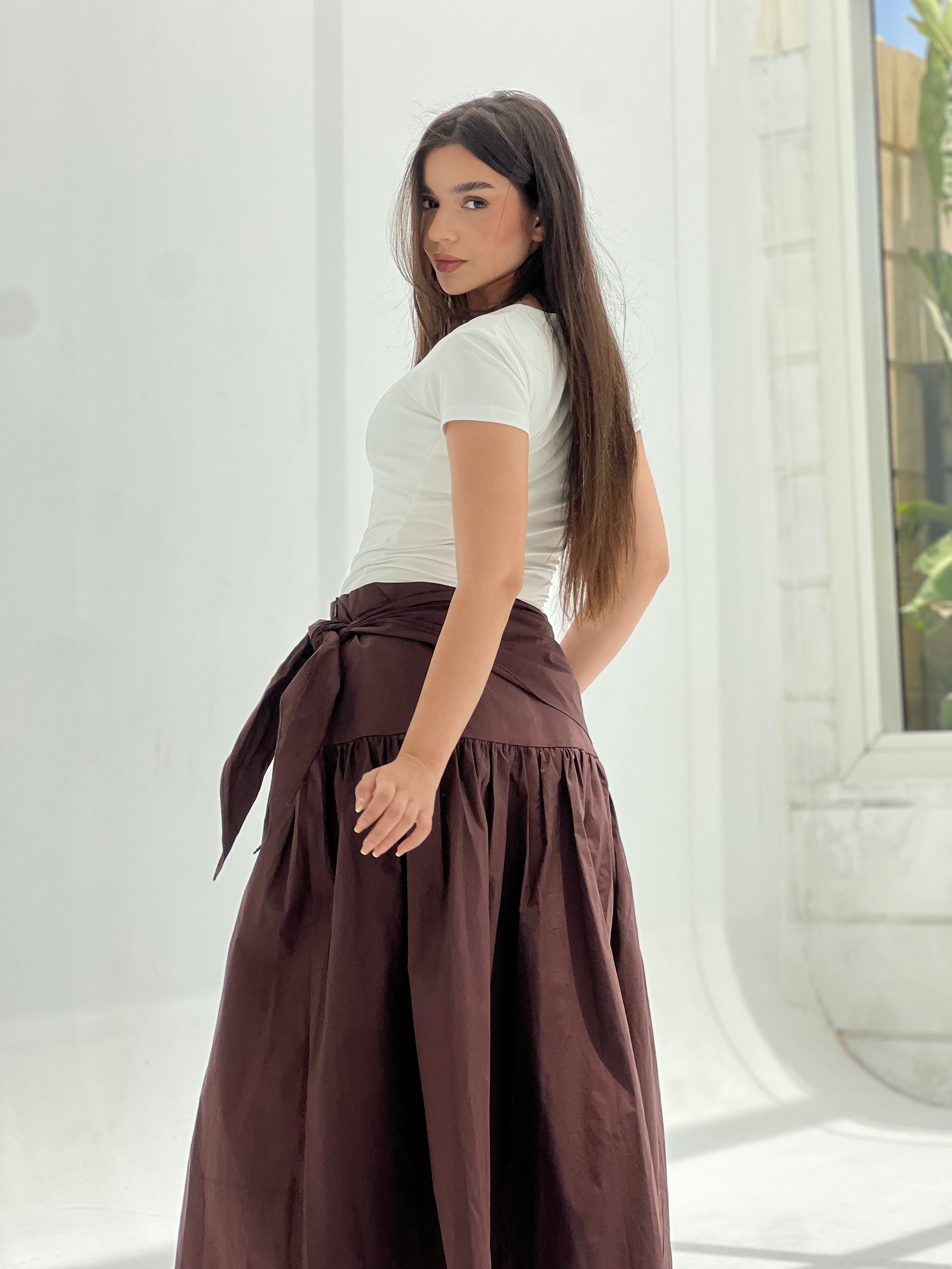 Side Tie Maxi Skirt-Brown