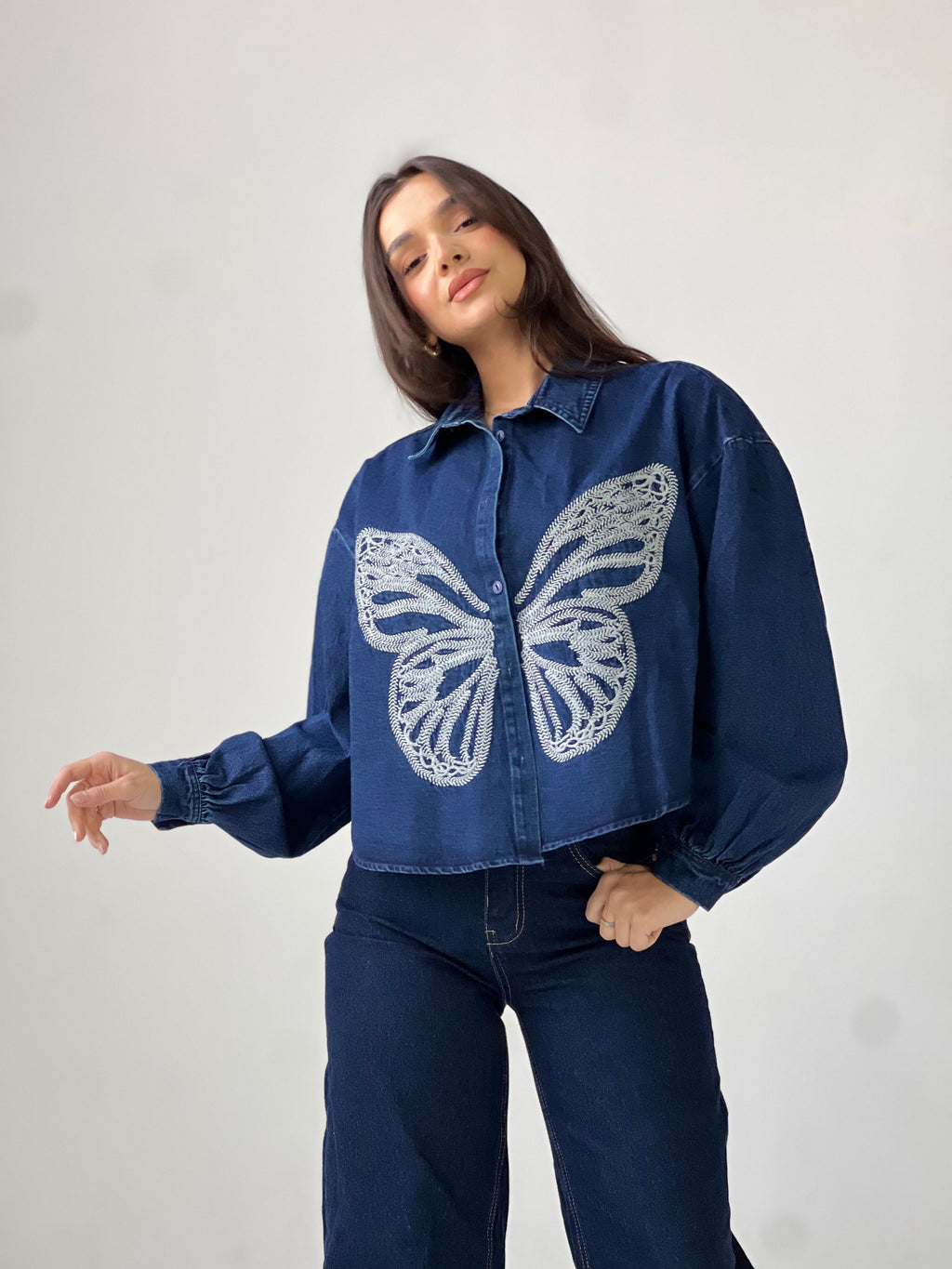 Butterfly Embroidered Summer Oversized Shirt-Dark Blue
