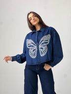 Butterfly Embroidered Summer Oversized Shirt-Dark Blue