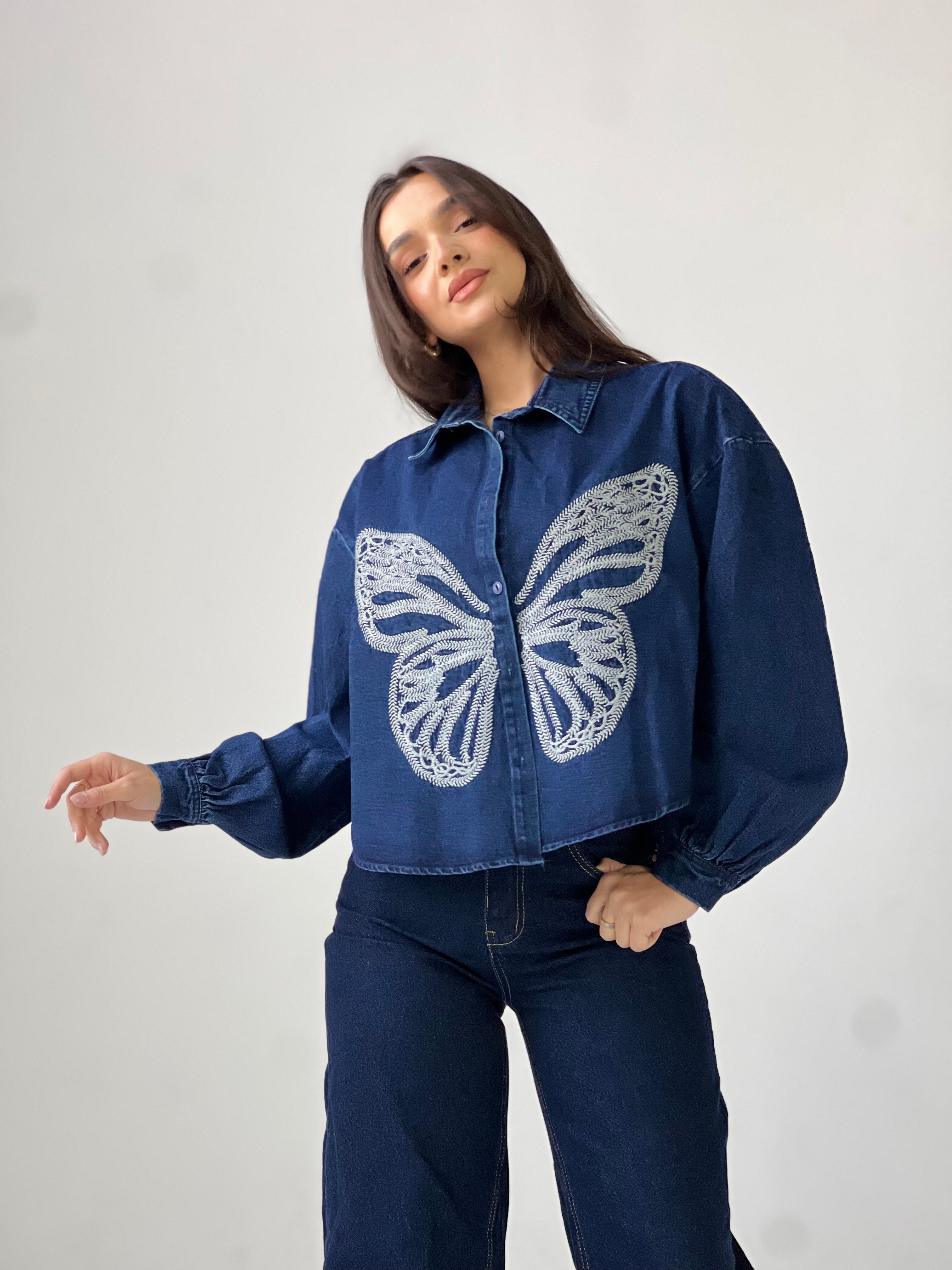 Butterfly Embroidered Summer Oversized Shirt-Dark Blue