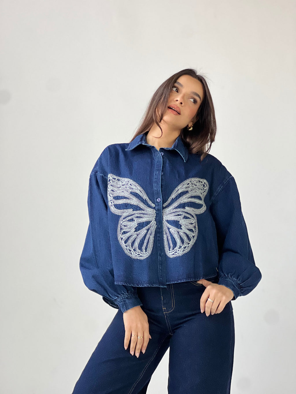 Butterfly Embroidered Summer Oversized Shirt-Dark Blue